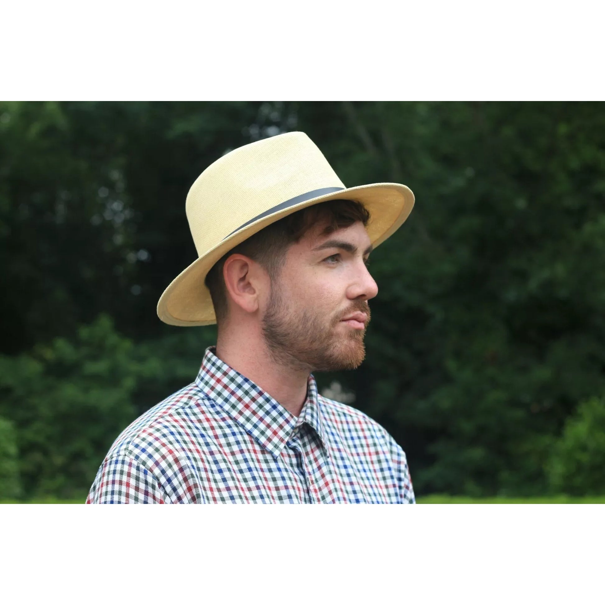 Nicky Adams branded Panama hat in natural straw colour with black band and silver buckle