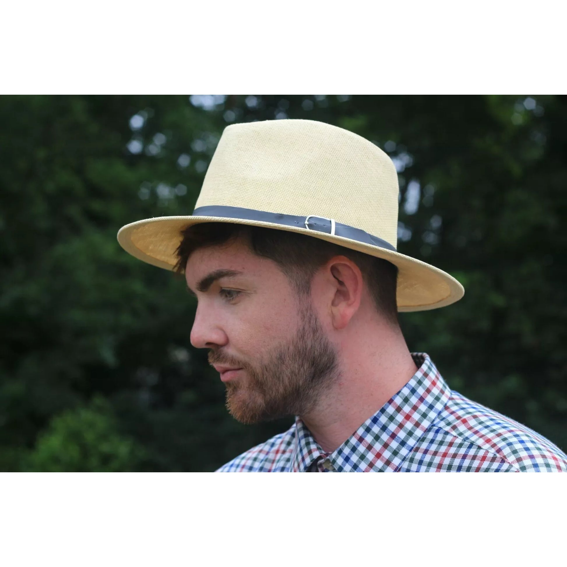 Nicky Adams branded Panama hat in natural straw colour with black band and silver buckle