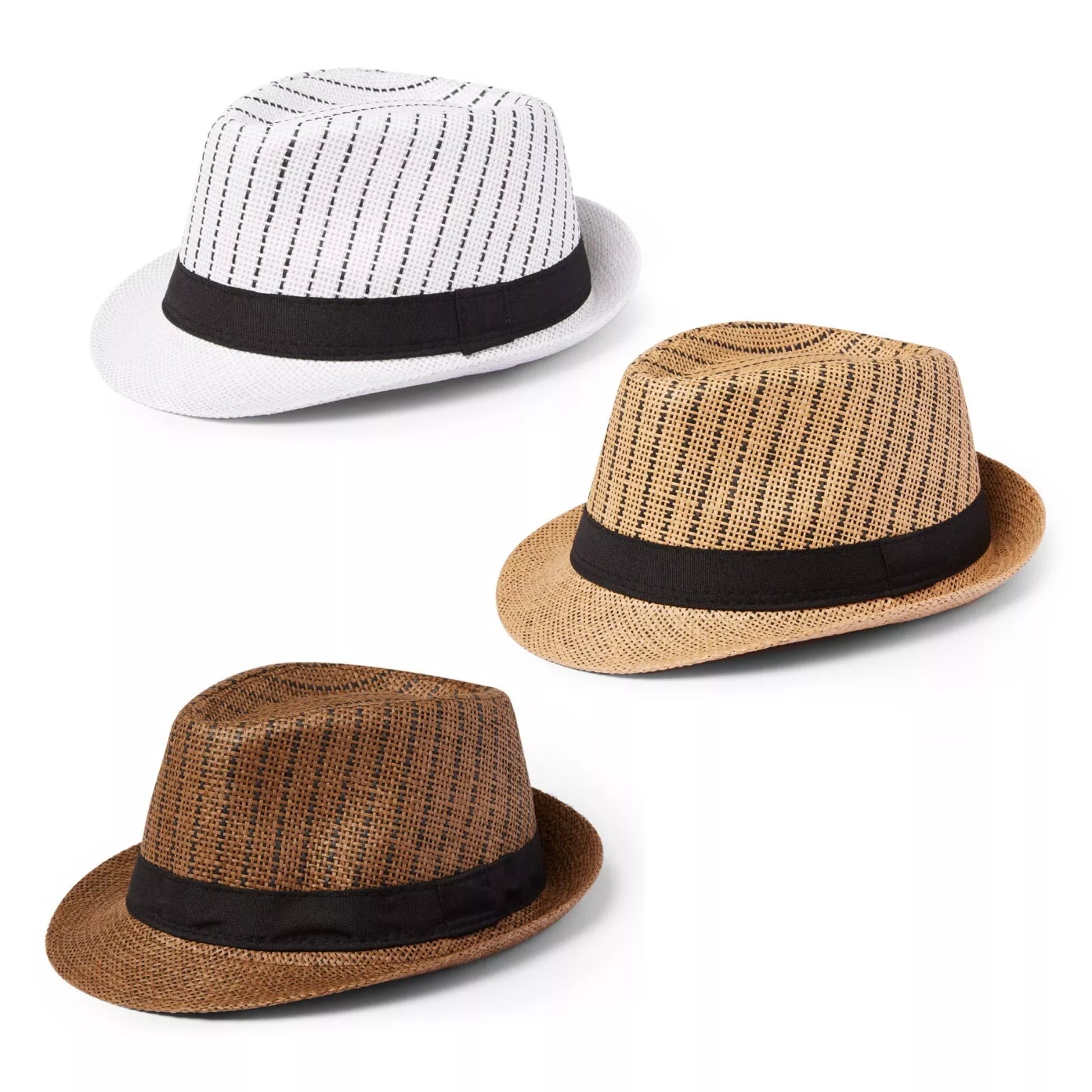 Nicky Adams unisex striped trilby hat –  white, camel and brown straw summer hat with black band for men and women