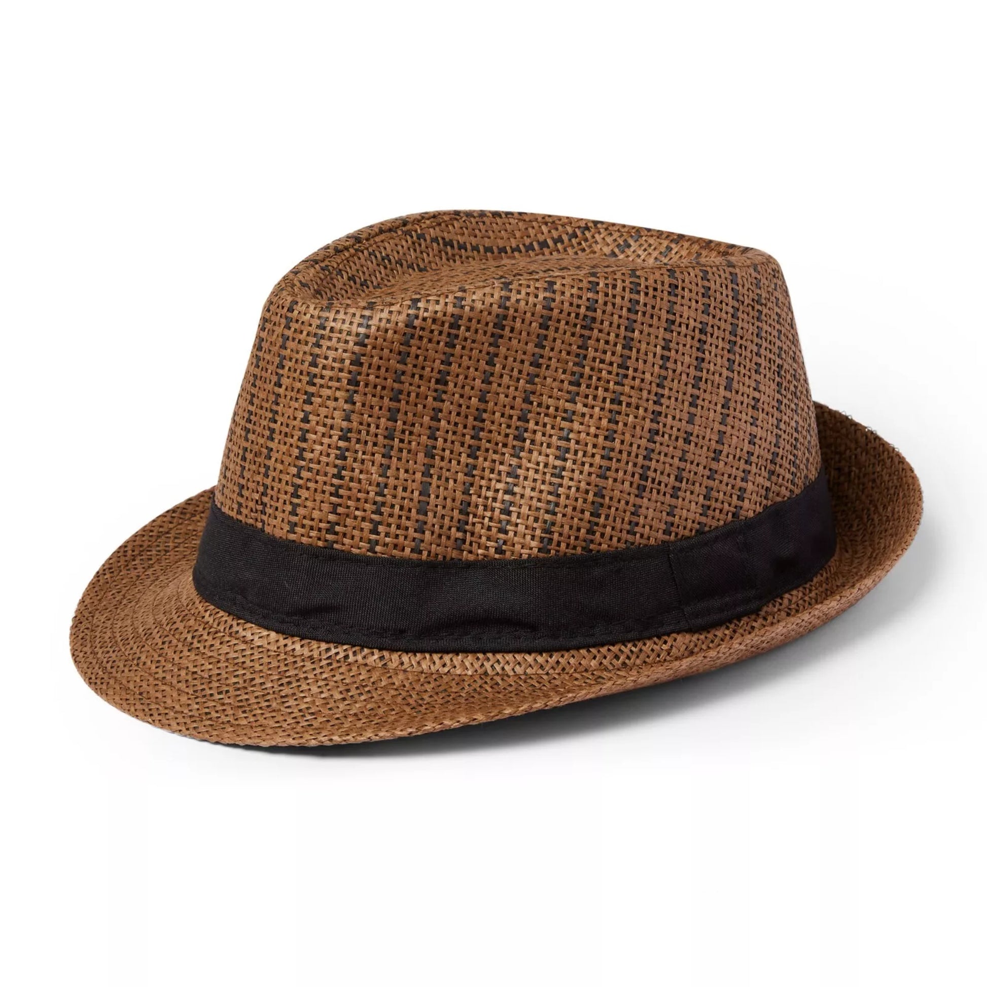 Nicky Adams unisex striped trilby hat – brown straw summer hat with black band for men and women