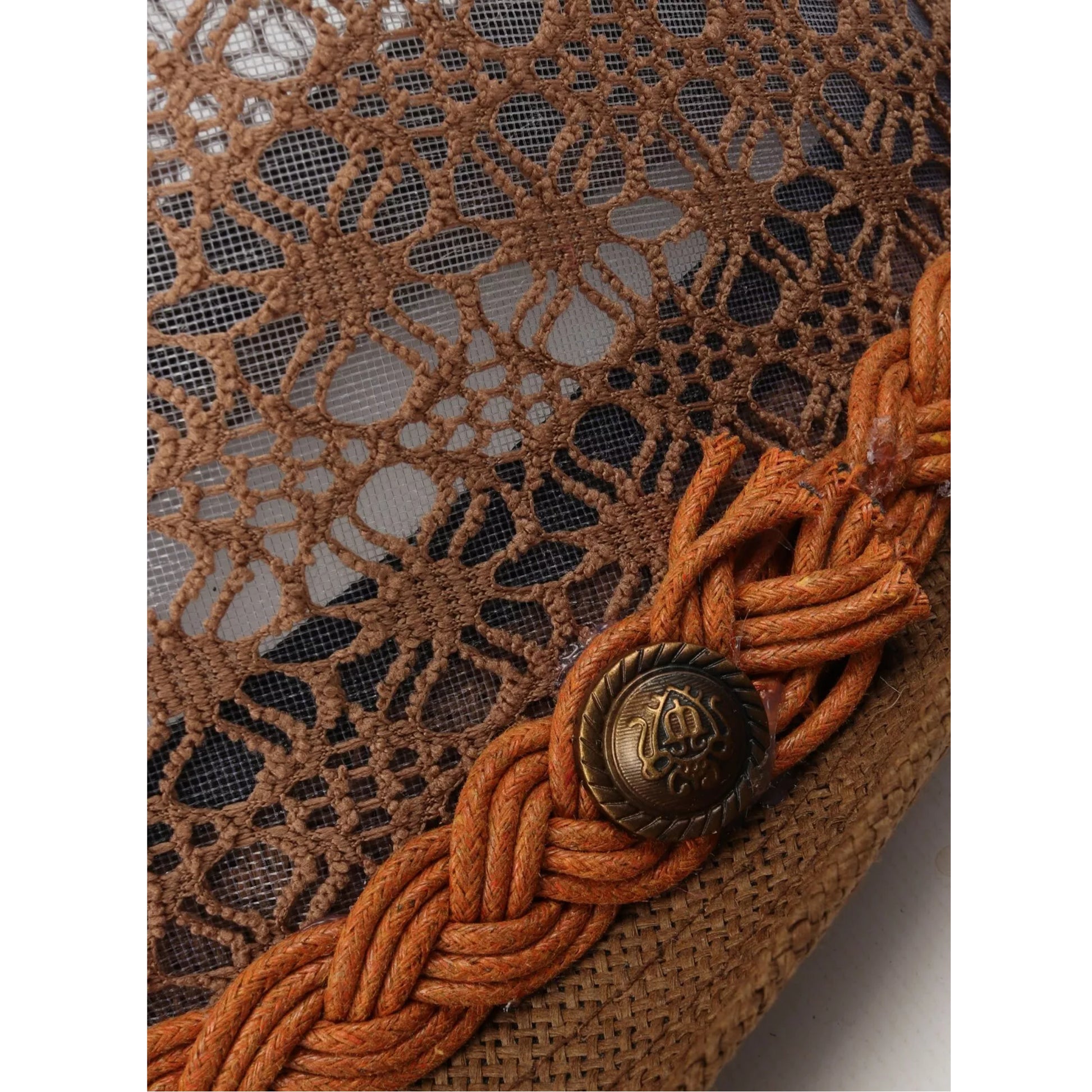 Ladies lace effect trilby sun hat in brown with woven braid band and button detail