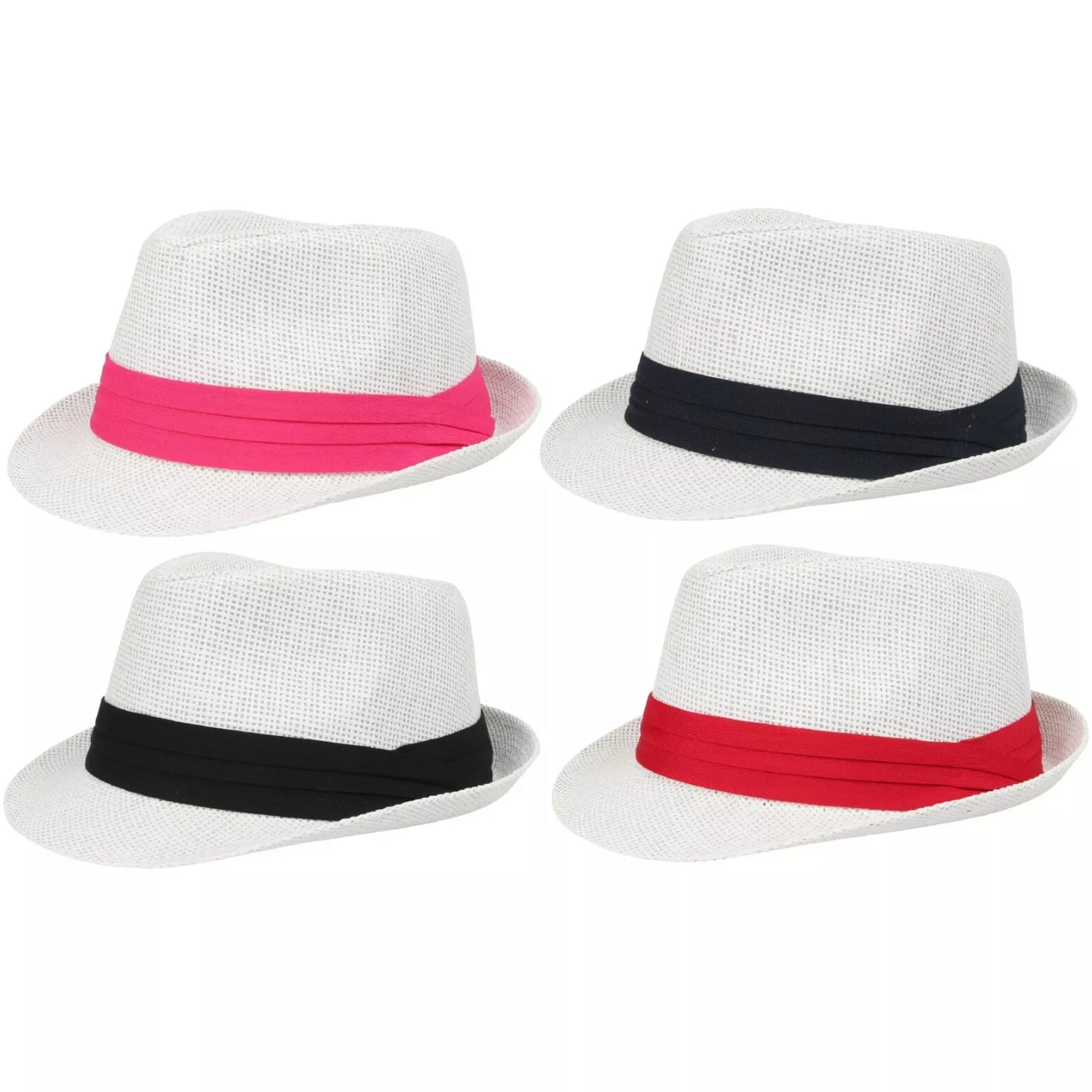 White straw trilby sun hat with black, red, pink or navy band for men and women summer fashion