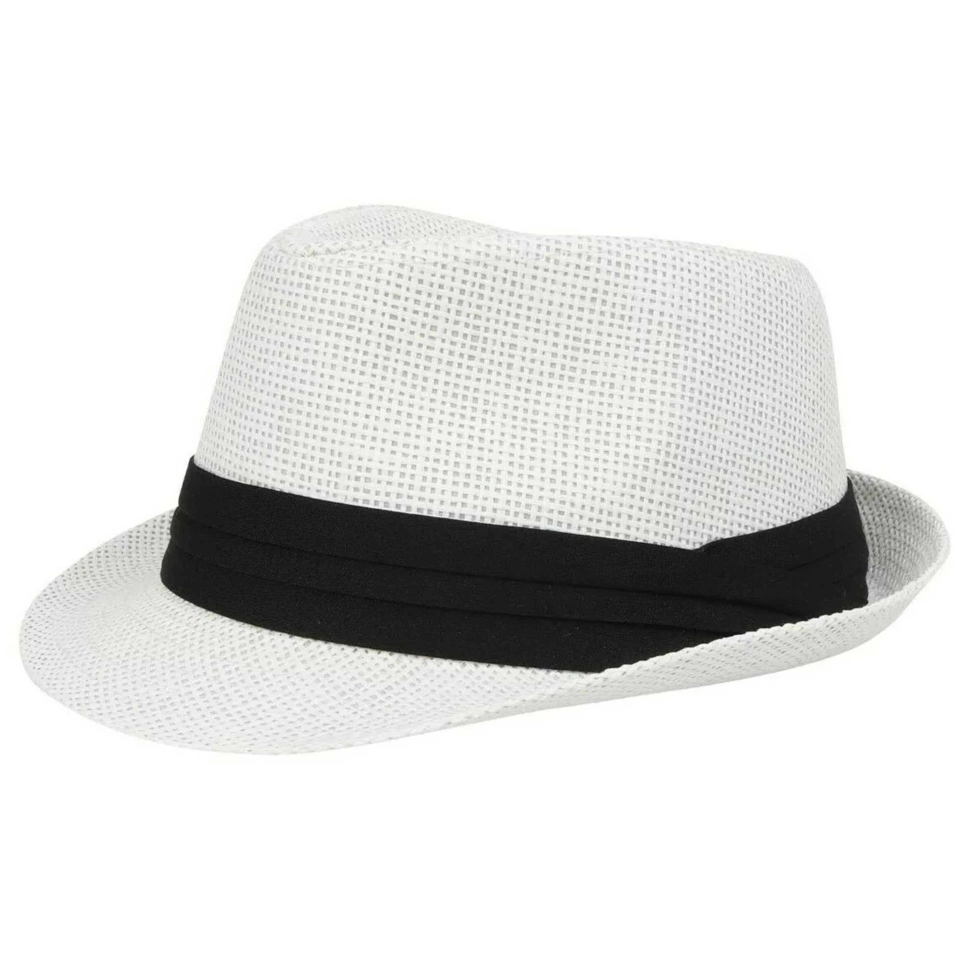 White straw trilby sun hat with black band for men and women summer fashion