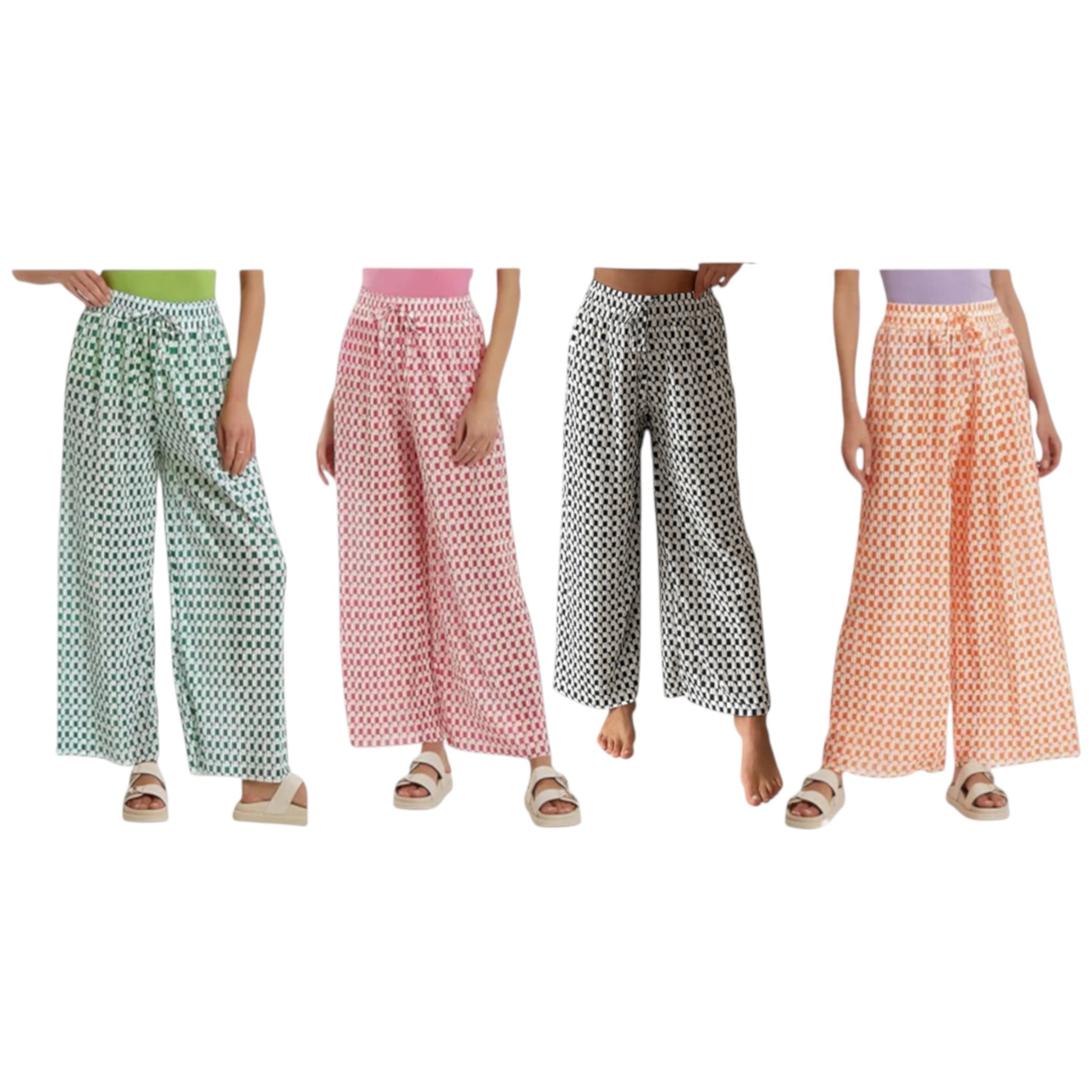 Ladies Black, Green, Orange, Pink and Beige White Check Design Palazzo Trousers – Wide Leg Lightweight Summer Pants