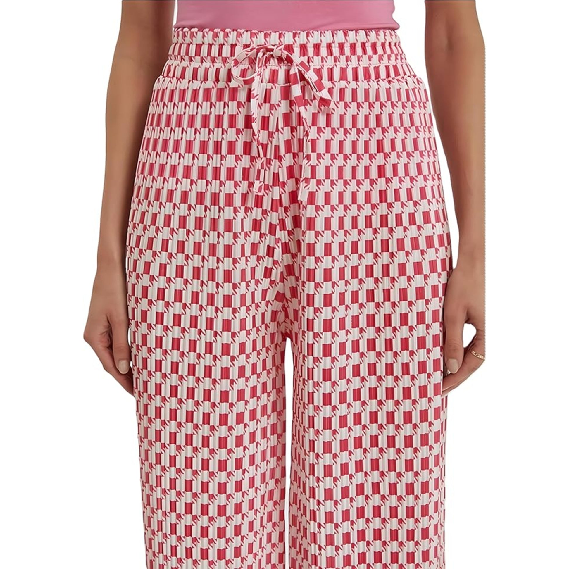Ladies fuchsia pink and White Check Design Palazzo Trousers – Wide Leg Lightweight Summer Pants