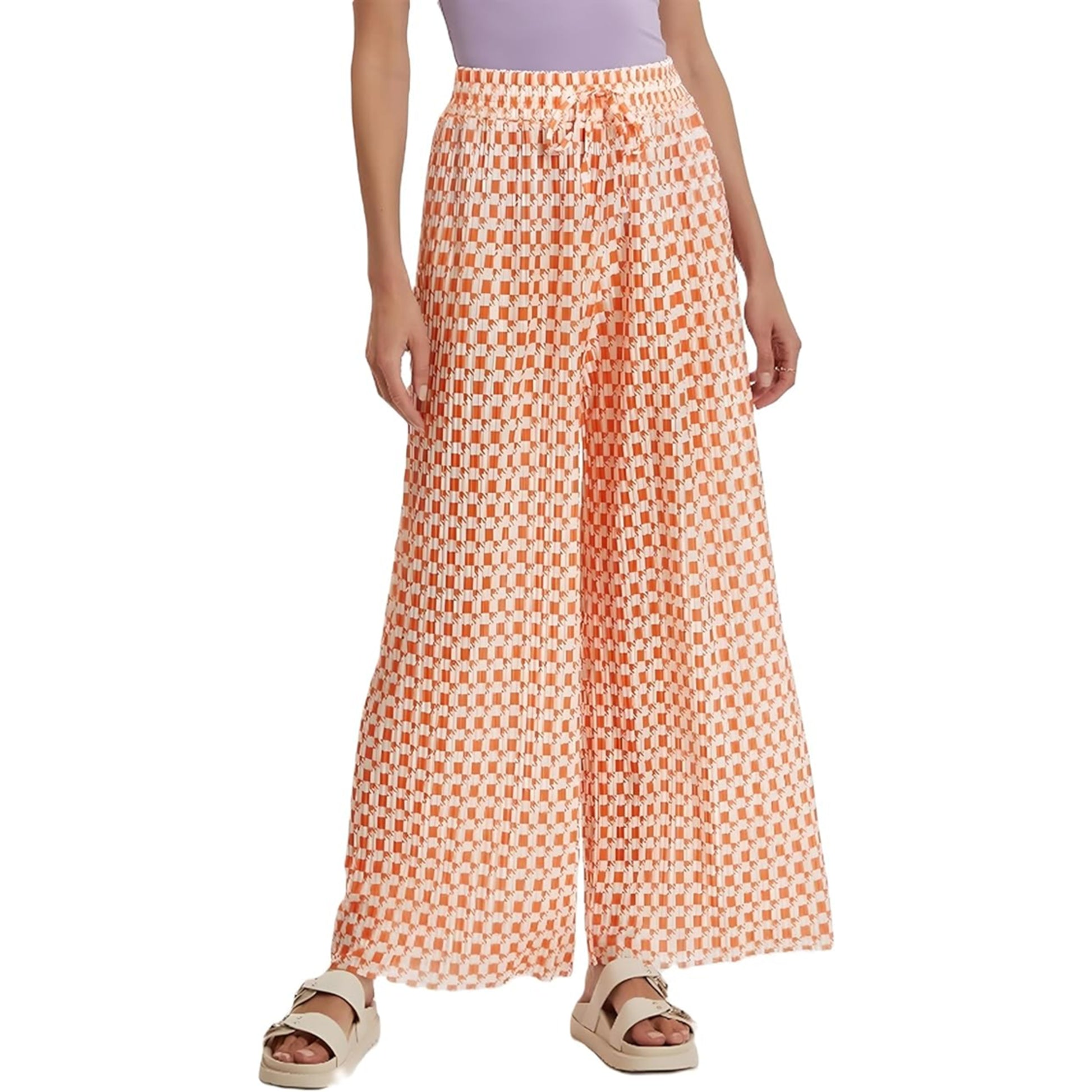 Ladies Orange and White Check Design Palazzo Trousers – Wide Leg Lightweight Summer Pants
