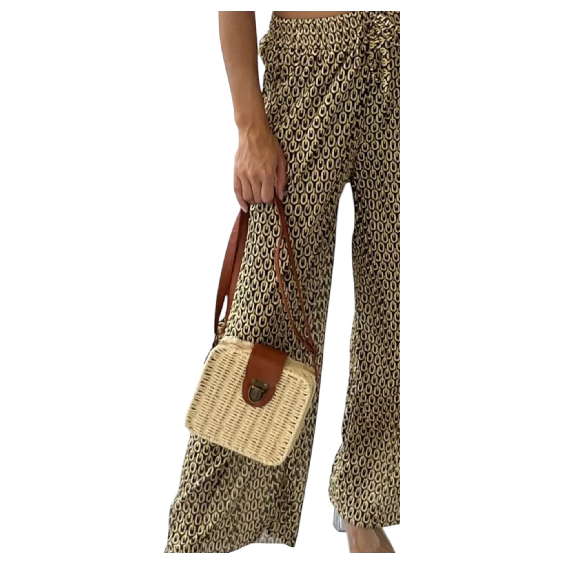 Women's printed wide-leg lounge trousers in yellow – lightweight elastic waist boho pants for casual summer wear