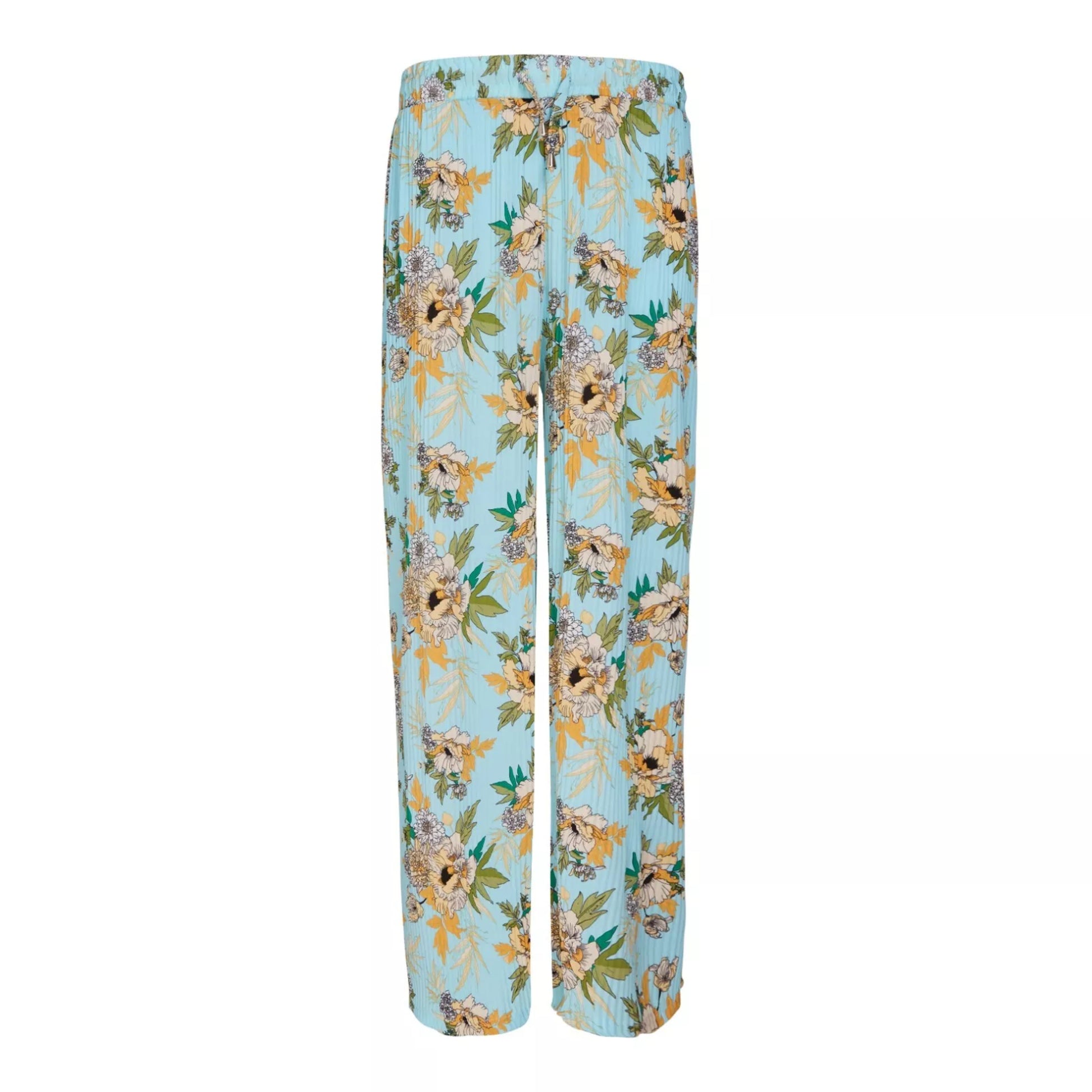 Ladies floral palazzo trousers – lightweight wide leg summer pants with blue background and yellow flower pattern