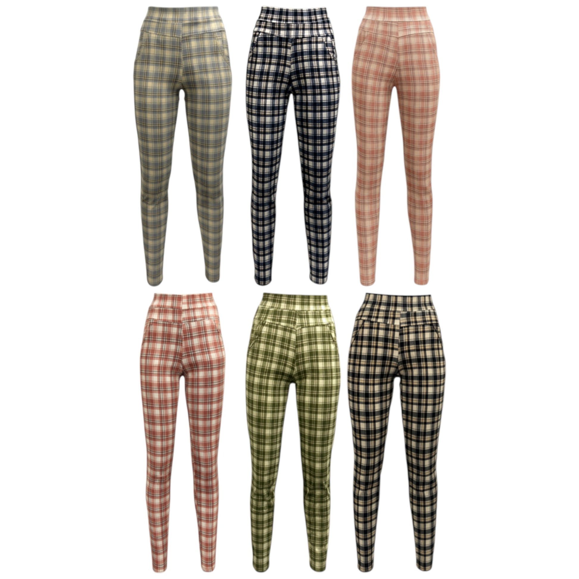 Black, navy, blue, pinl and green Blue check slim stretch treggings for women – high-waisted pull-on trousers