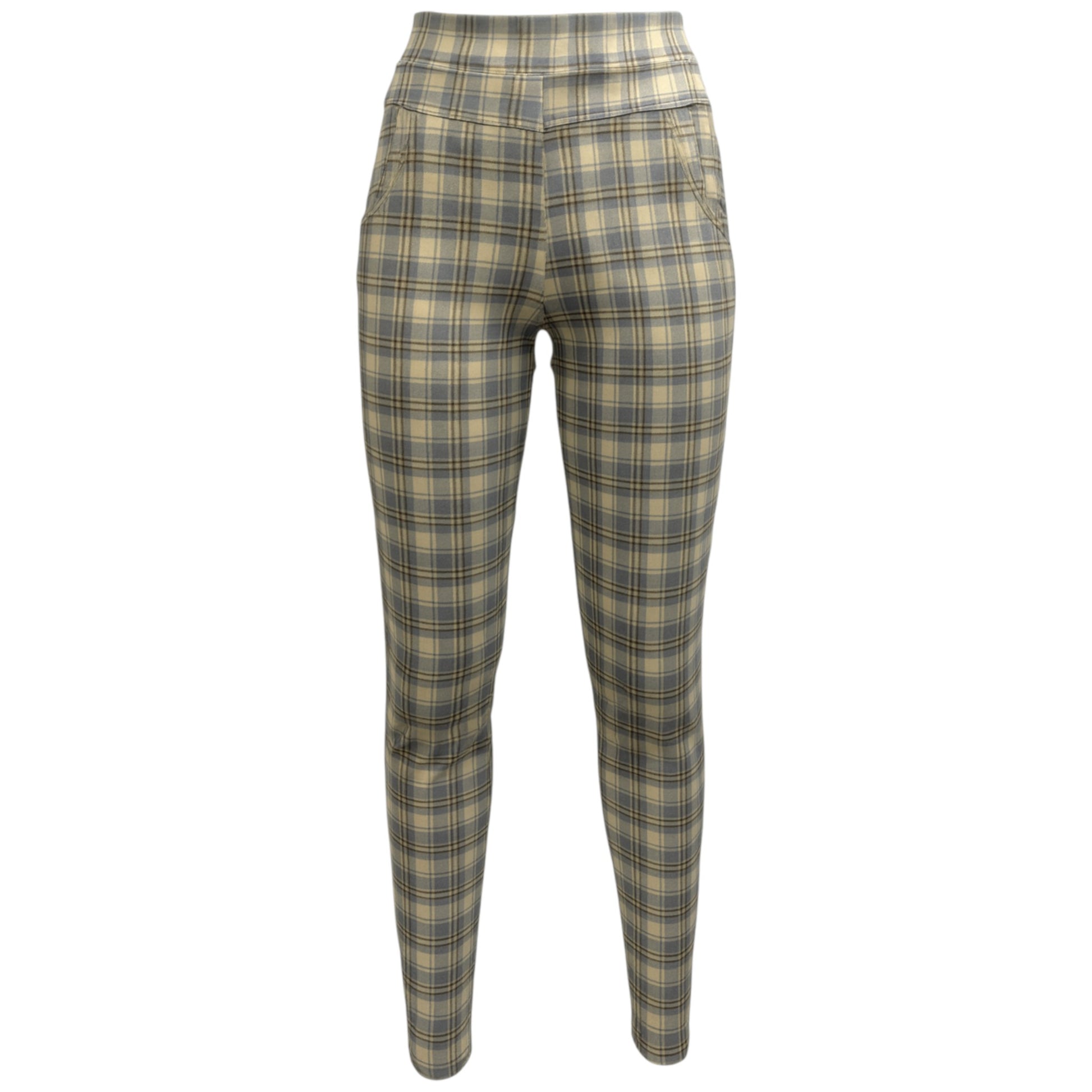 Sky Blue and white check slim stretch treggings for women – high-waisted pull-on trousers