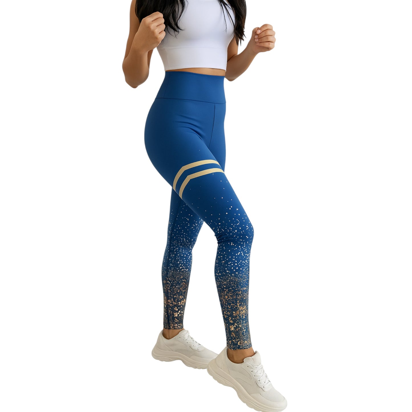Ladies Blue high-waisted leggings with gold stripes and glitter detail for women.