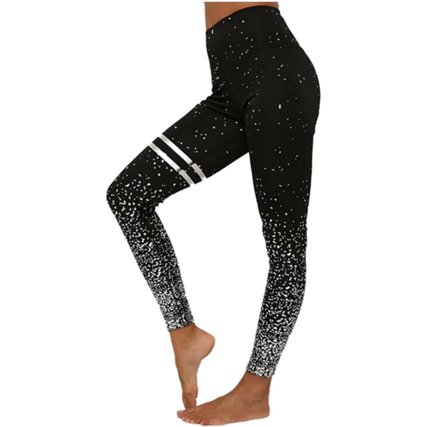 Ladies Black high-waisted leggings with silver stripes and glitter detail for women.