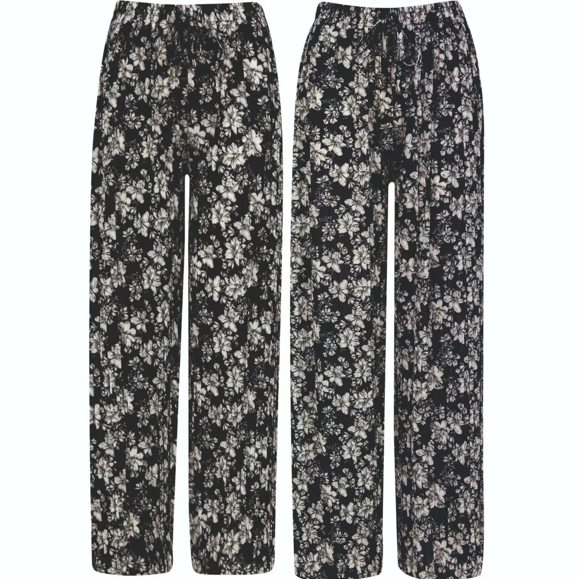 Ladies black or navy floral print harem palazzo trousers with elastic waistband and drawstring