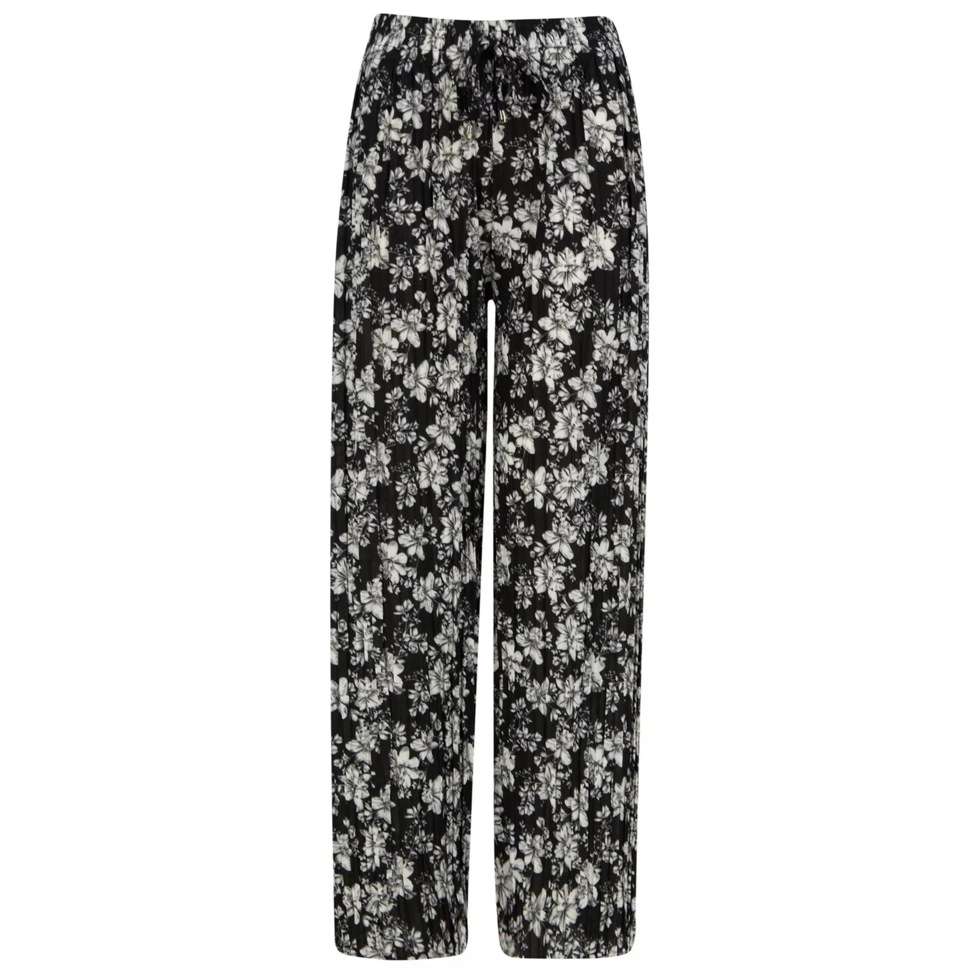 Ladies black floral print harem palazzo trousers with elastic waistband and drawstring