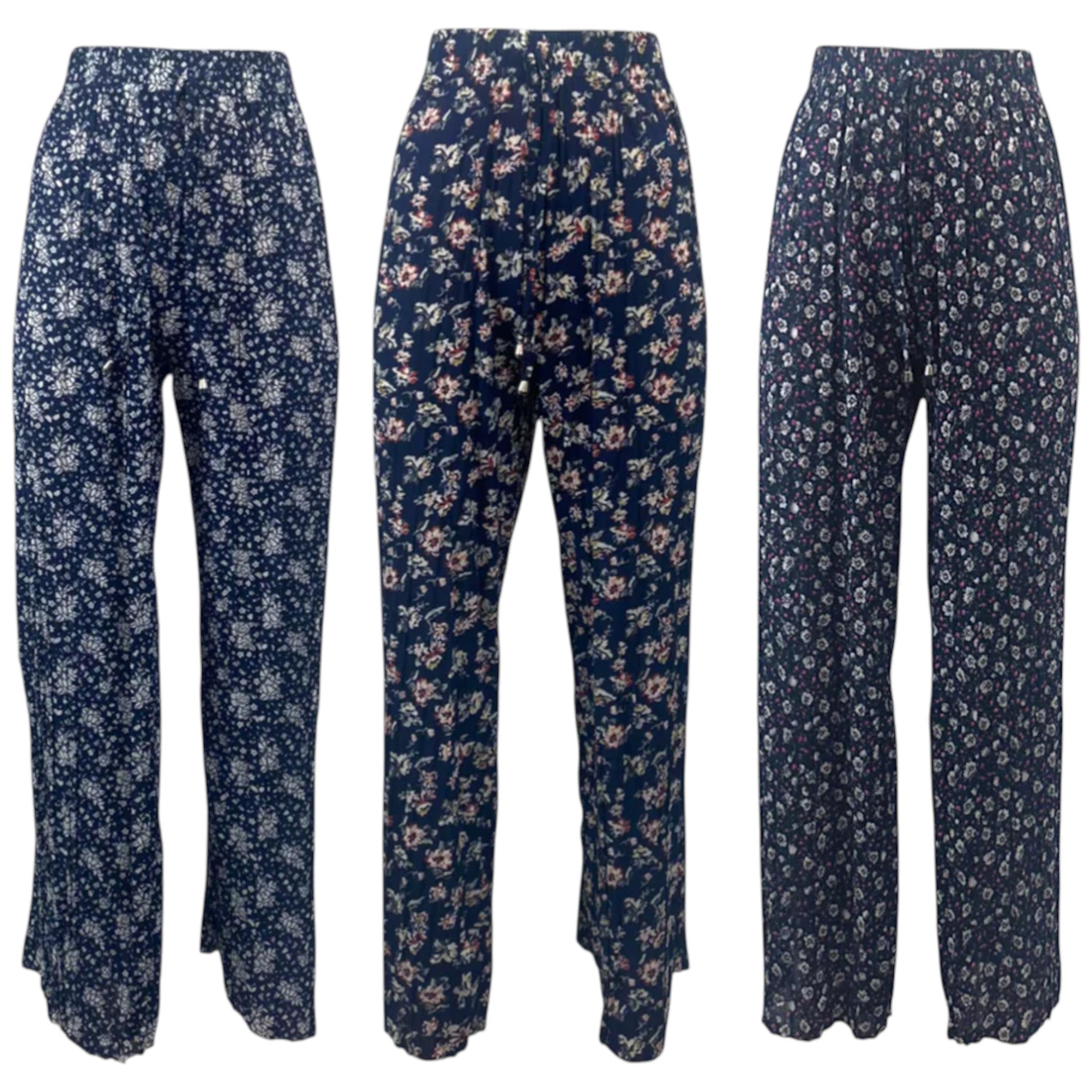 Women's lightweight floral print trousers in navy blue with elasticated waist – 3 vintage-style flower patterns
