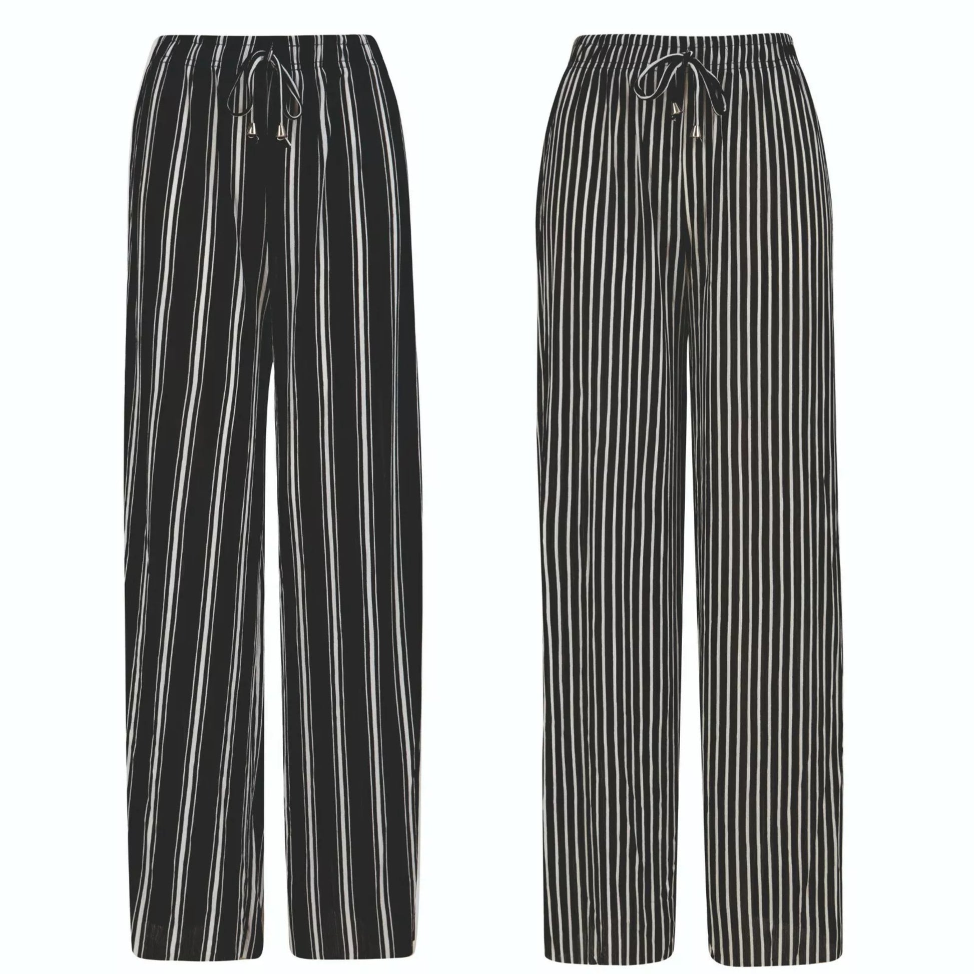 Ladies black and white vertical stripe comfort fit palazzo trousers with drawstring waist