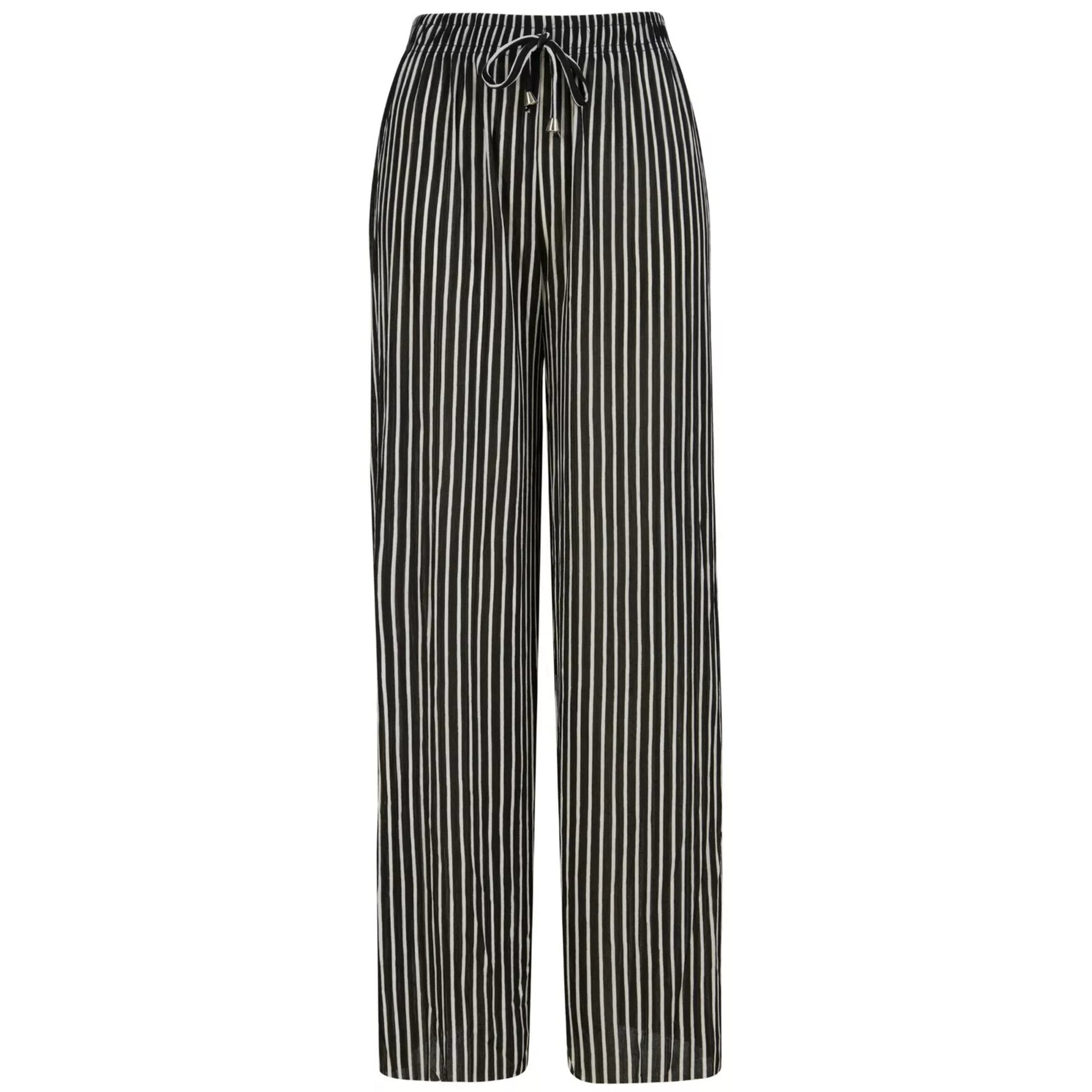 Ladies black and white vertical stripe comfort fit palazzo trousers with drawstring waist