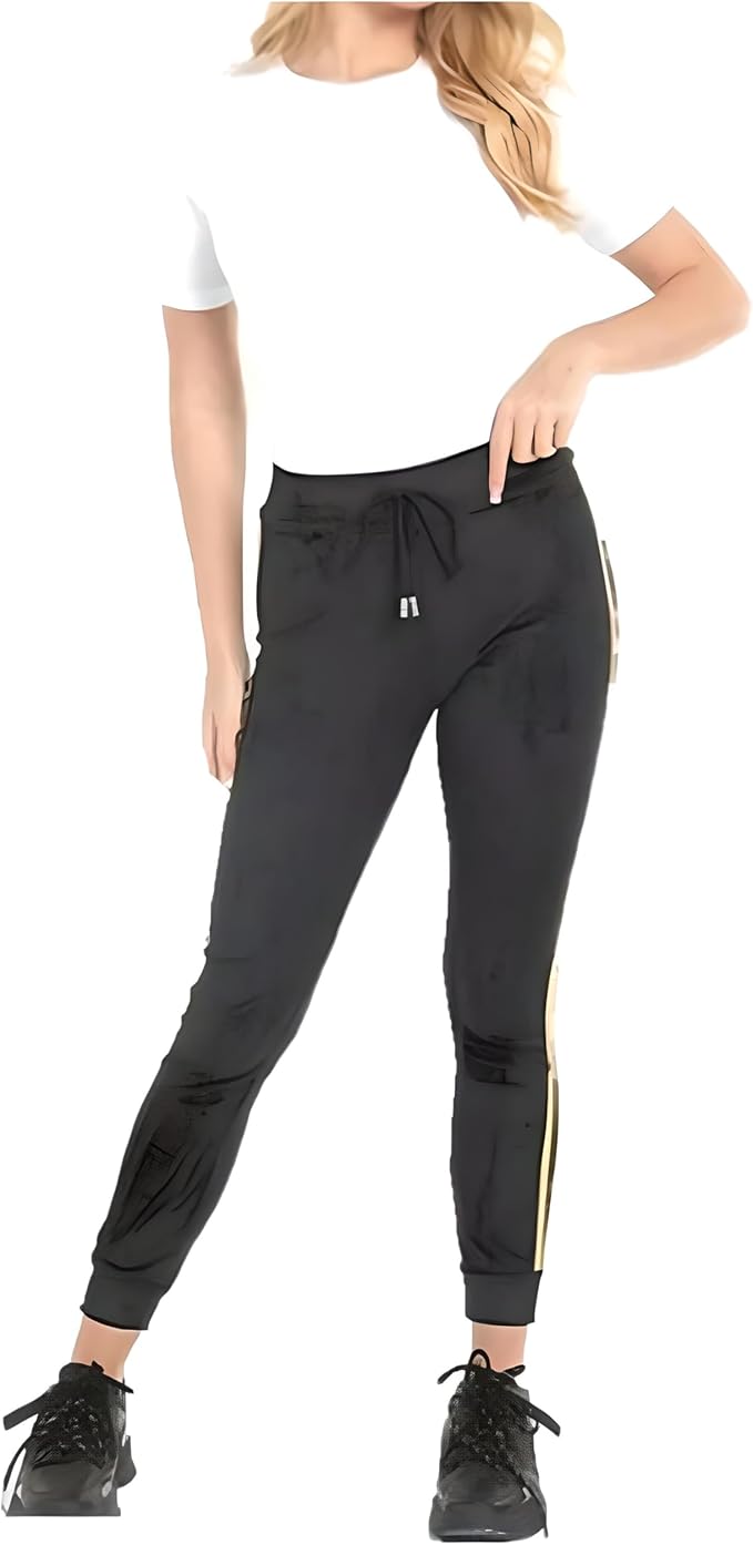 Ladies black velour joggers with gold side stripes – womens high waist casual bottoms