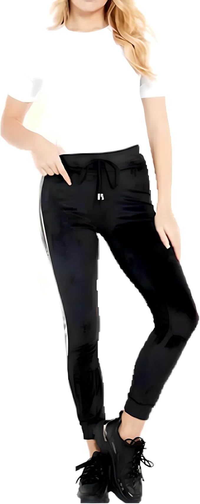 Ladies black velour joggers with silver side stripes – womens high waist casual bottoms