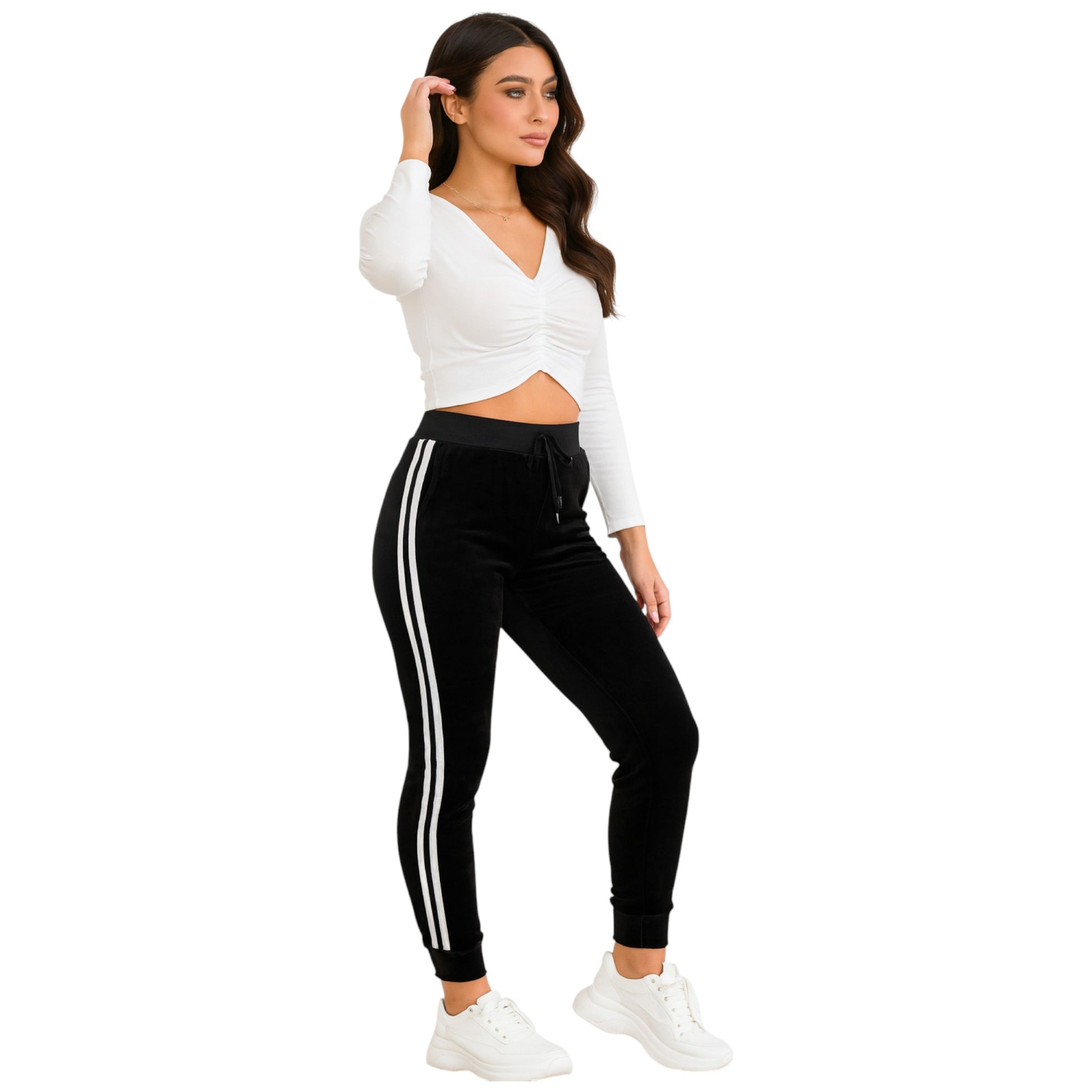 Women’s black joggers with white double side stripes and cuffed ankles, slim fit high waisted design.