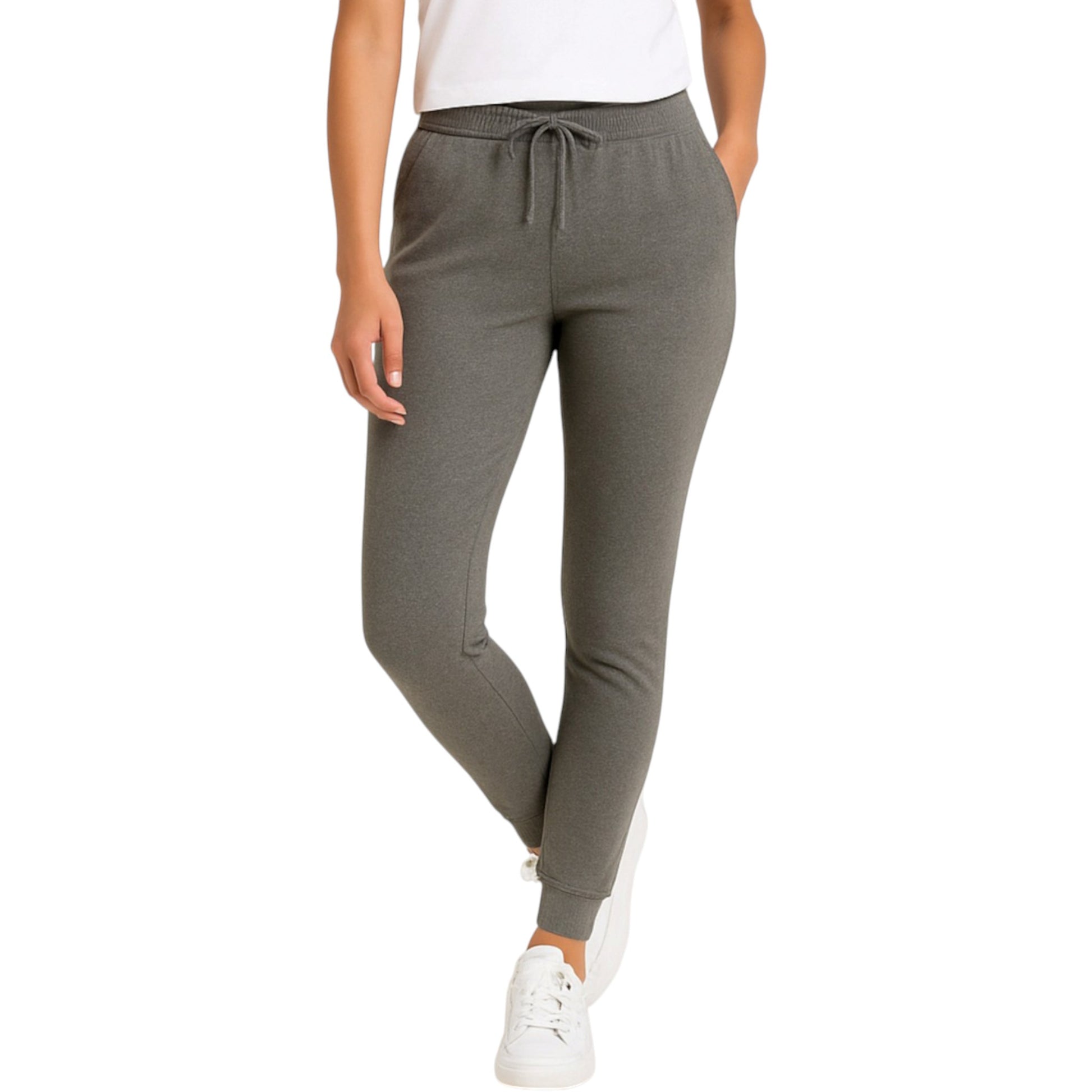 Ladies grey soft touch joggers with drawstring waist and cuffed ankles stylish loungewear trousers