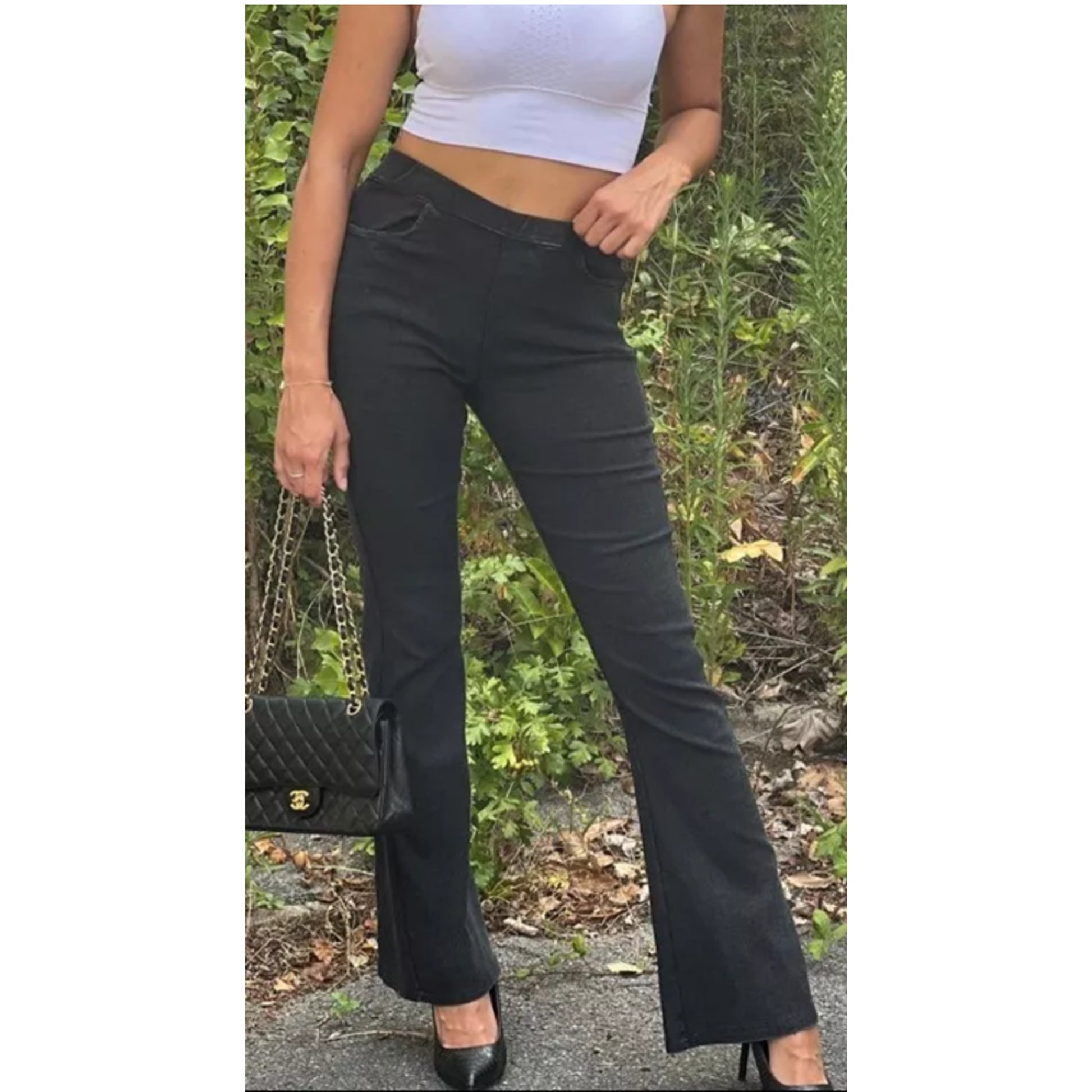 Ladies black bootcut flared denim jeggings high waist stretch skinny jeans style trousers