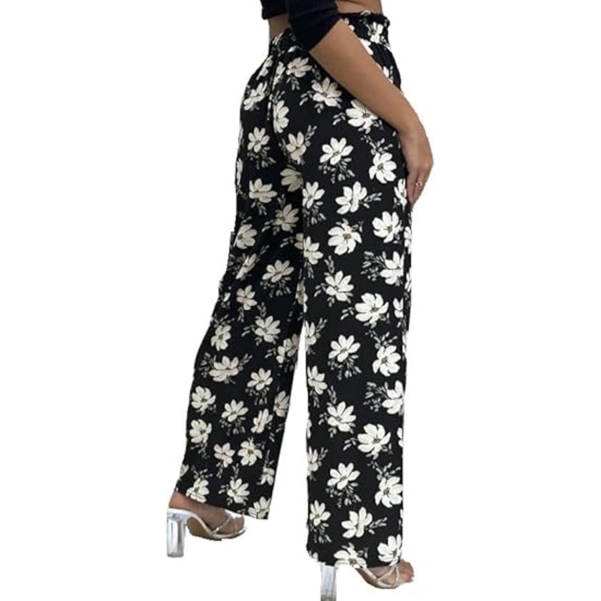 Ladies black floral summer trousers wide leg lightweight casual holiday pants with belt