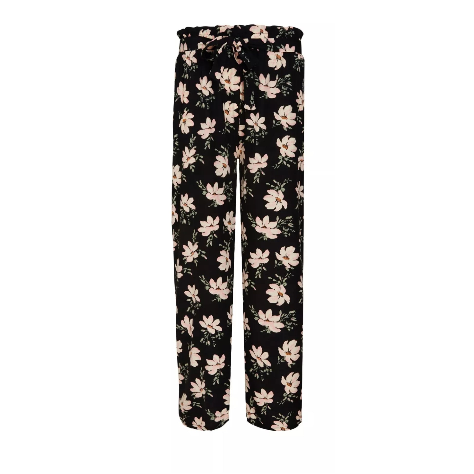 Ladies black floral summer trousers wide leg lightweight casual holiday pants with belt