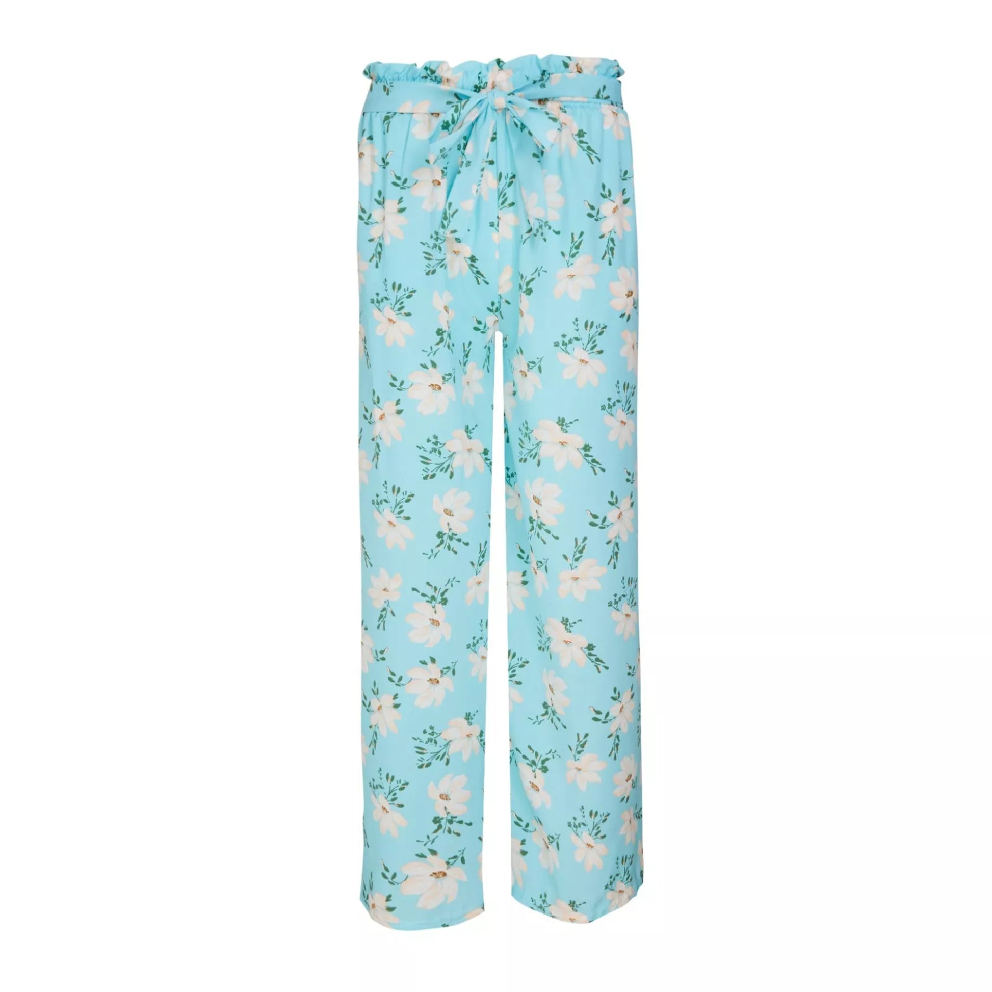 Ladies blue floral summer trousers wide leg lightweight casual holiday pants with belt
