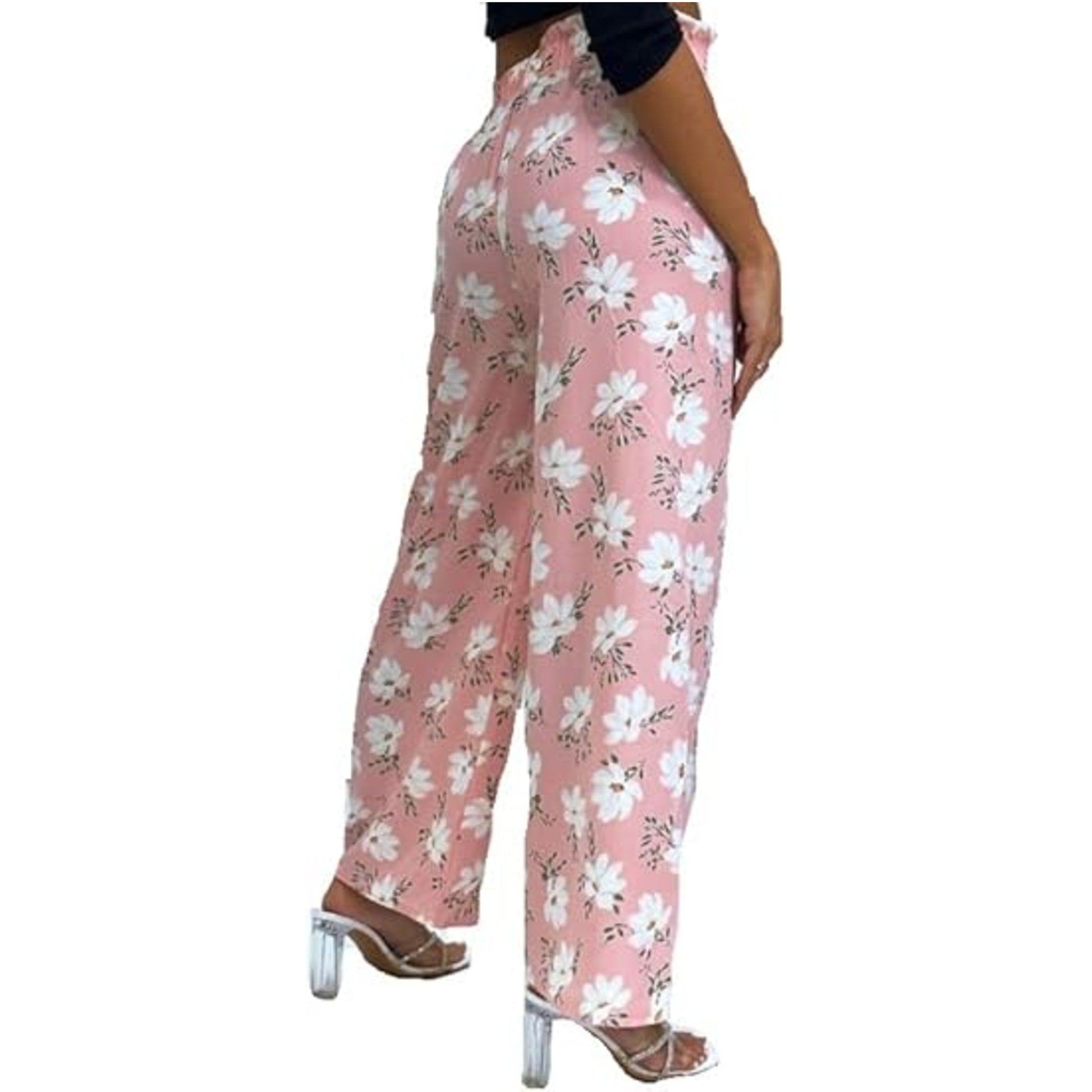 Ladies pink floral summer trousers wide leg lightweight casual holiday pants with belt