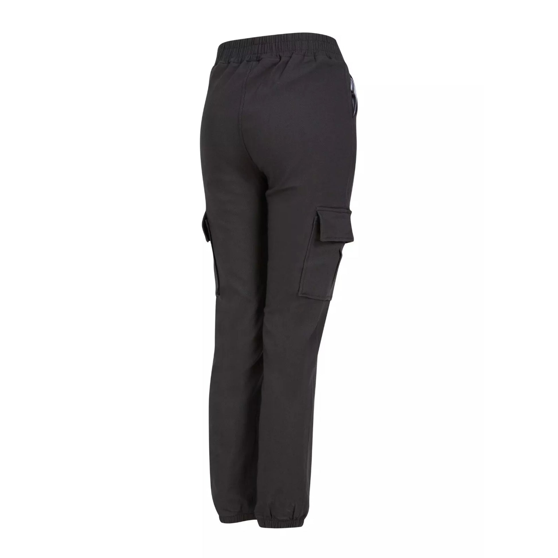 Ladies high quality stretch cargo trousers in charcoal grey with elastic waistband, drawstring tie, and side pockets