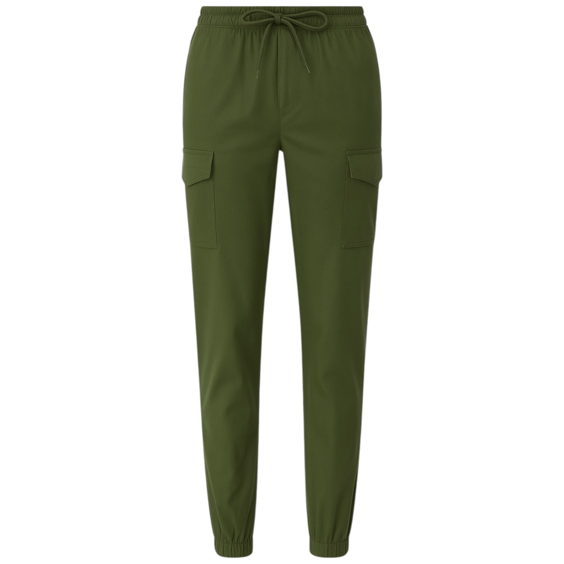 Ladies high quality stretch cargo trousers in khaki green with elastic waistband, drawstring tie, and side pockets