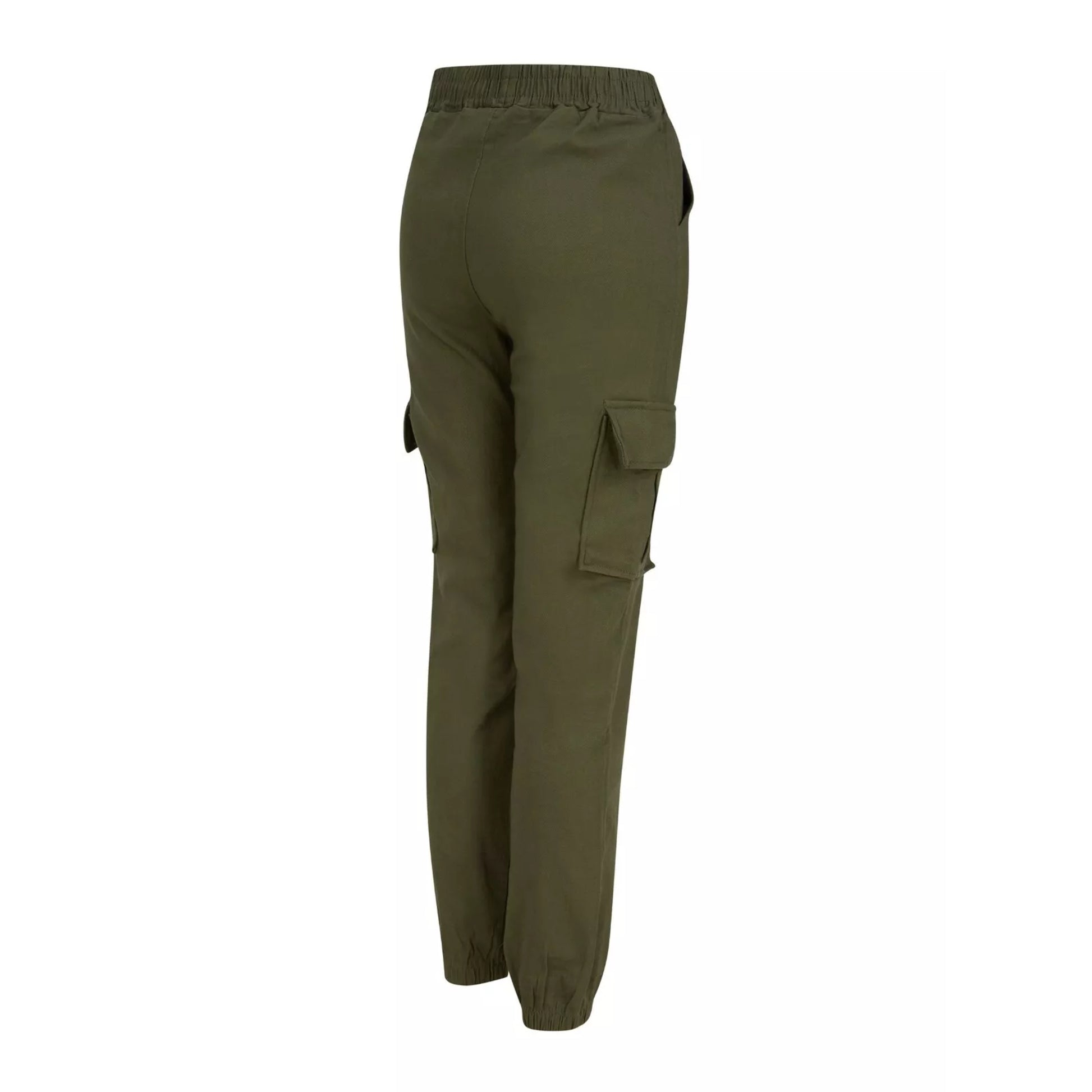 Ladies high quality stretch cargo trousers in khaki green with elastic waistband, drawstring tie, and side pockets