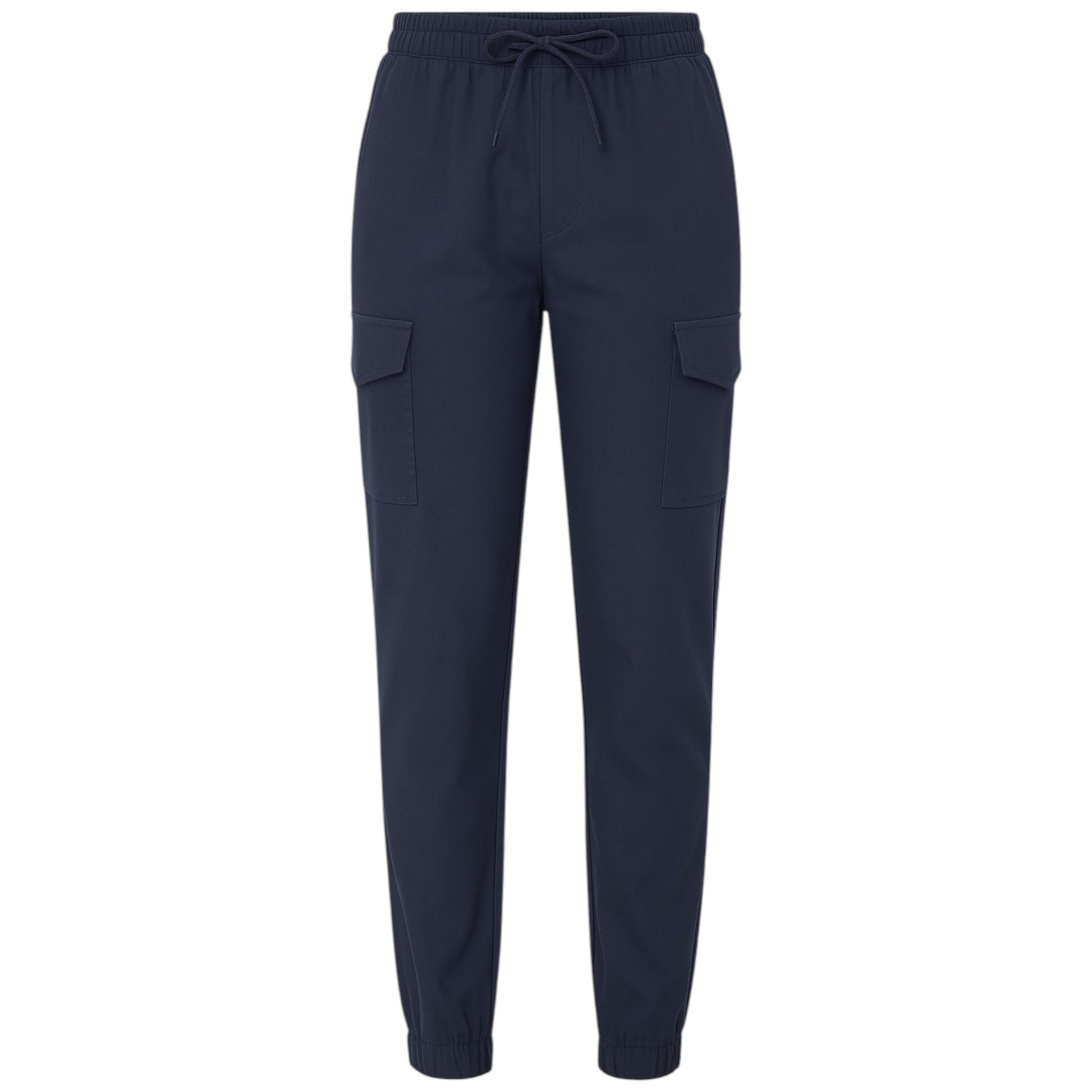 Ladies high quality stretch cargo trousers in navy blue with elastic waistband, drawstring tie, and side pockets