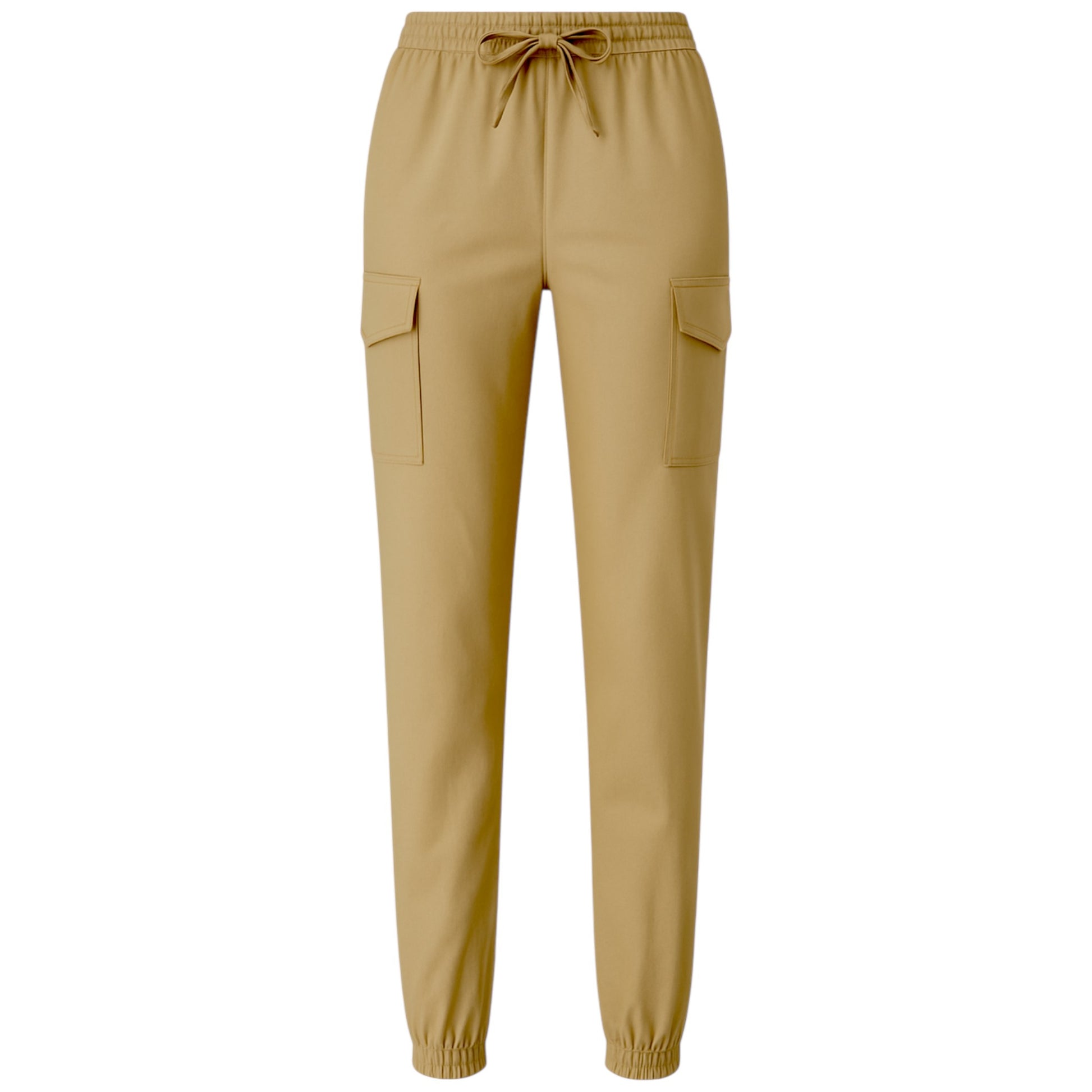 Ladies high quality stretch cargo trousers in stone beige with elastic waistband, drawstring tie, and side pockets