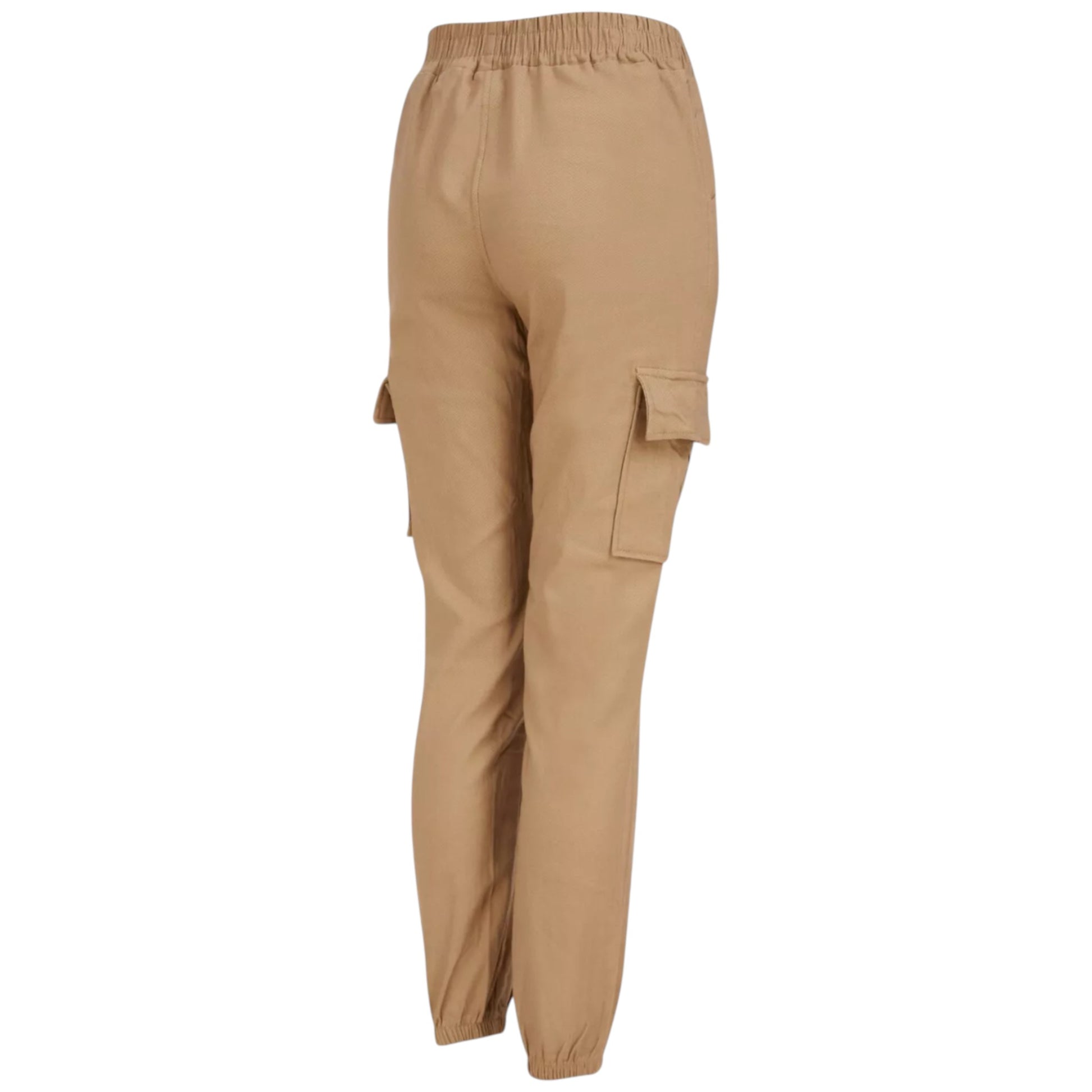 Ladies high quality stretch cargo trousers in stone beige with elastic waistband, drawstring tie, and side pockets