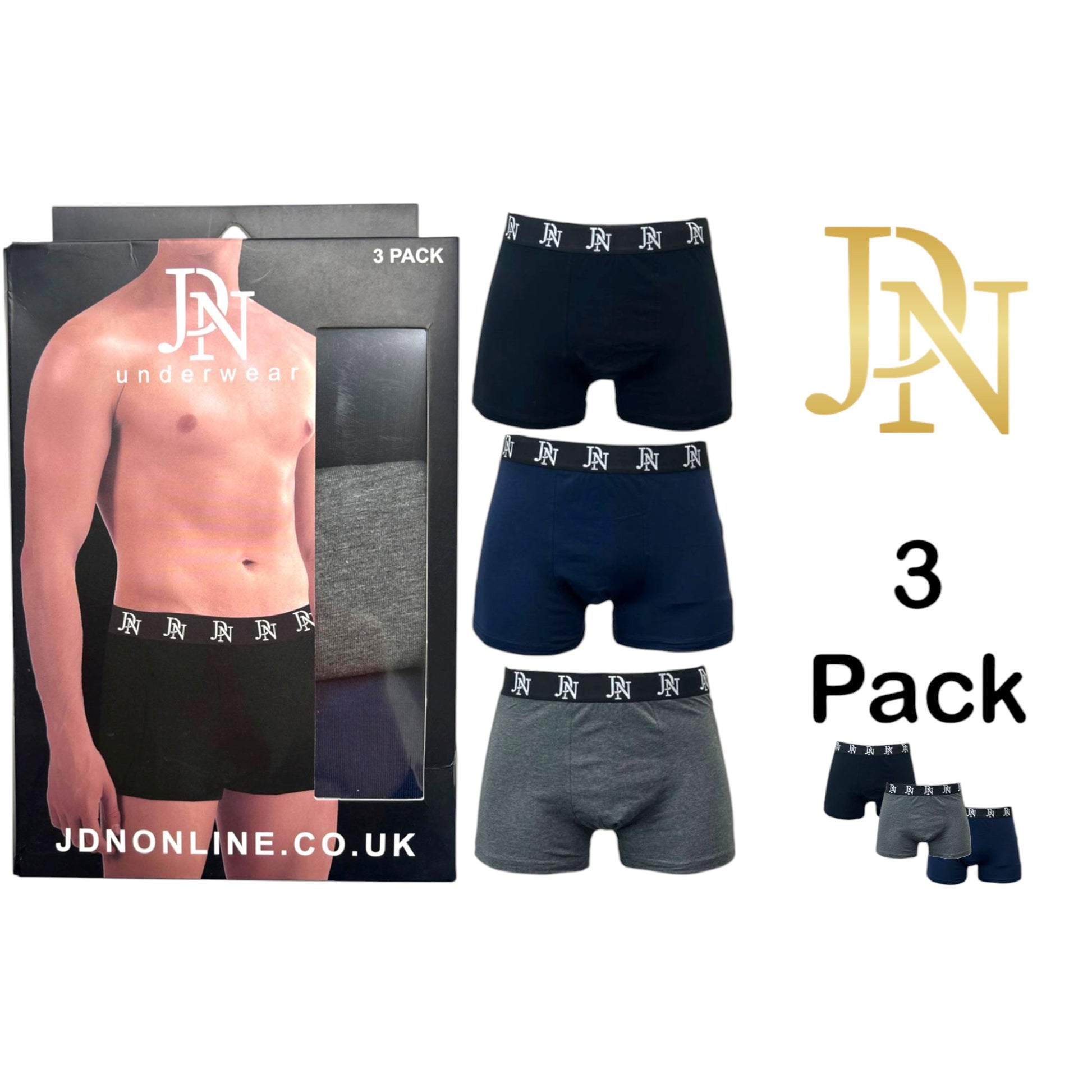 JDN men’s underwear 3 pack – cotton stretch boxer briefs in black, navy, and grey with branded waistband, breathable and supportive design