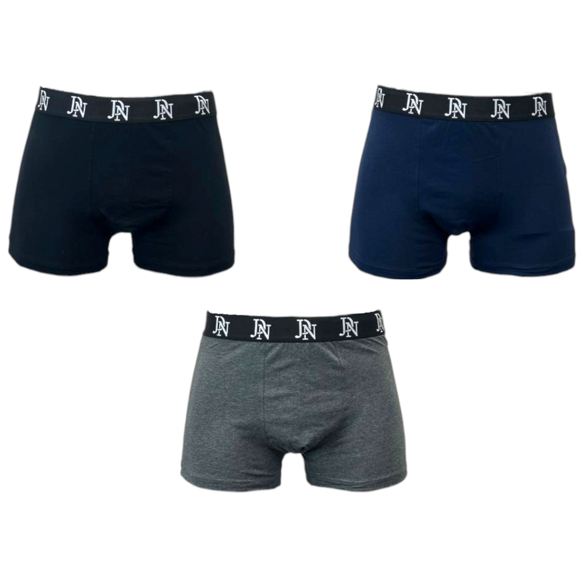 JDN men’s underwear 3 pack – cotton stretch boxer briefs in black, navy, and grey with branded waistband, breathable and supportive design