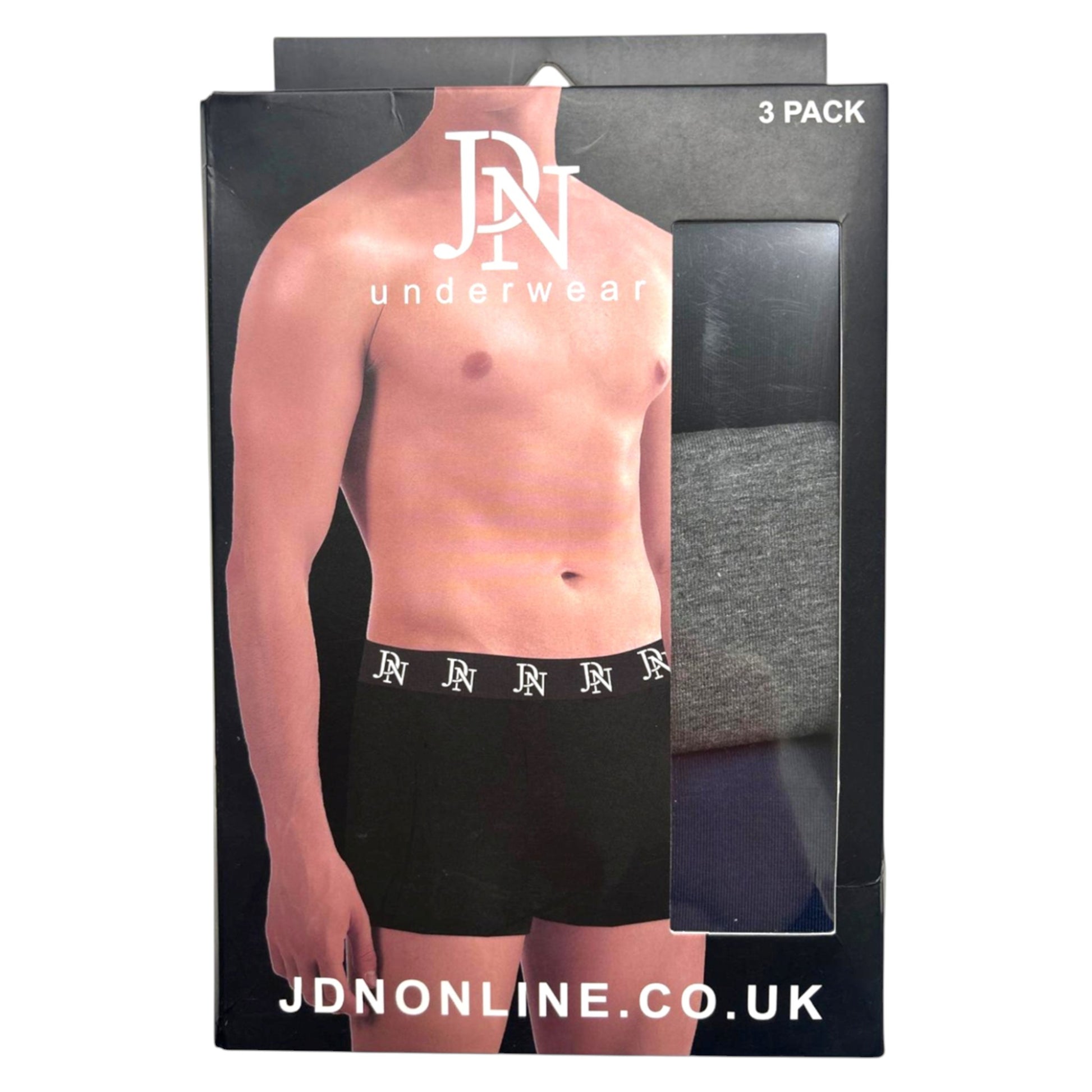 JDN men’s underwear 3 pack – cotton stretch boxer briefs in black, navy, and grey with branded waistband, breathable and supportive design
