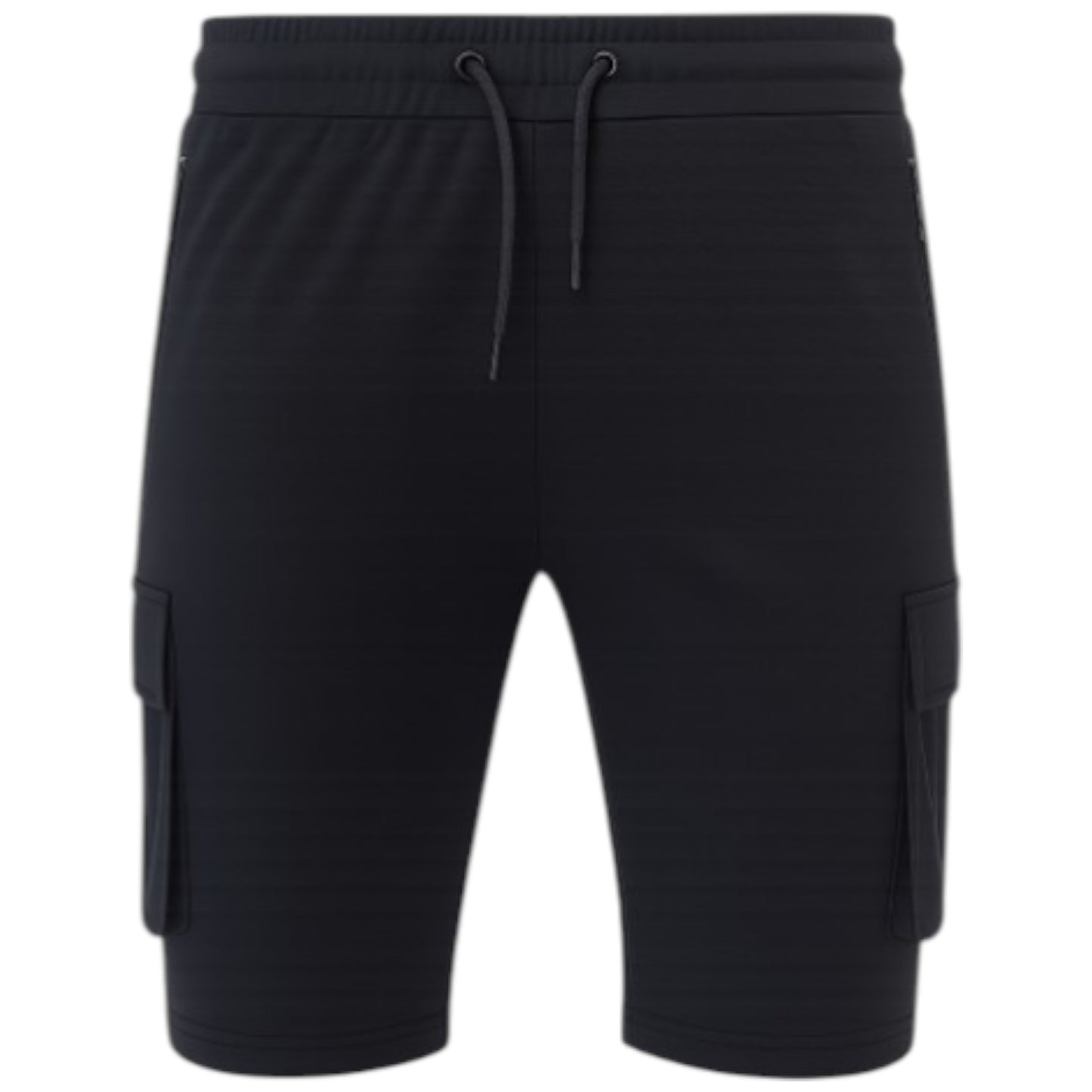 JDN men’s black cargo shorts with secure vertical zip pocket and side cargo pocket, casual summer style.