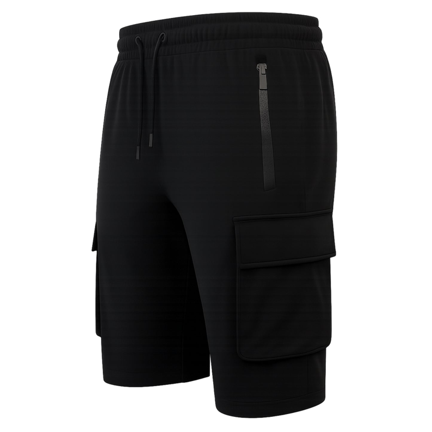 JDN men’s black cargo shorts with secure vertical zip pocket and side cargo pocket, casual summer style.