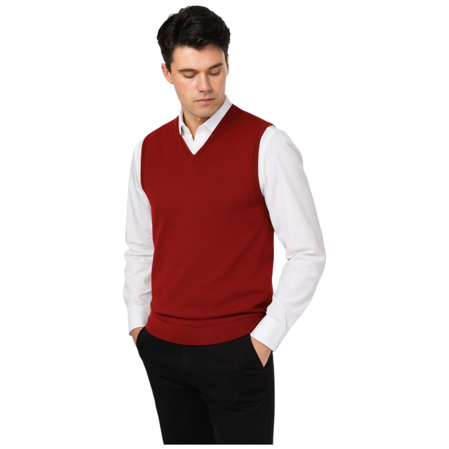 Men’s burgundy V-neck sleeveless jumper tank top – smart knit pullover