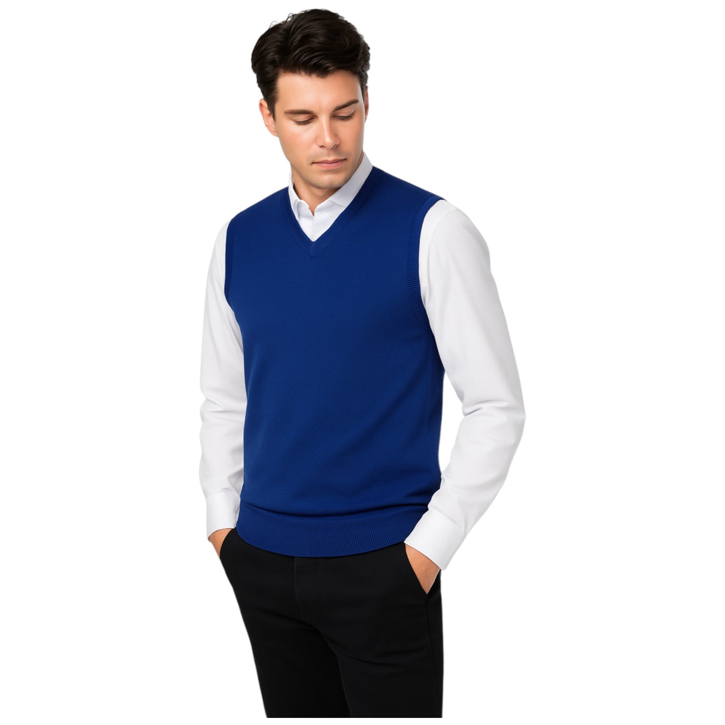 Men’s navy blue V-neck sleeveless jumper tank top – smart knit pullover