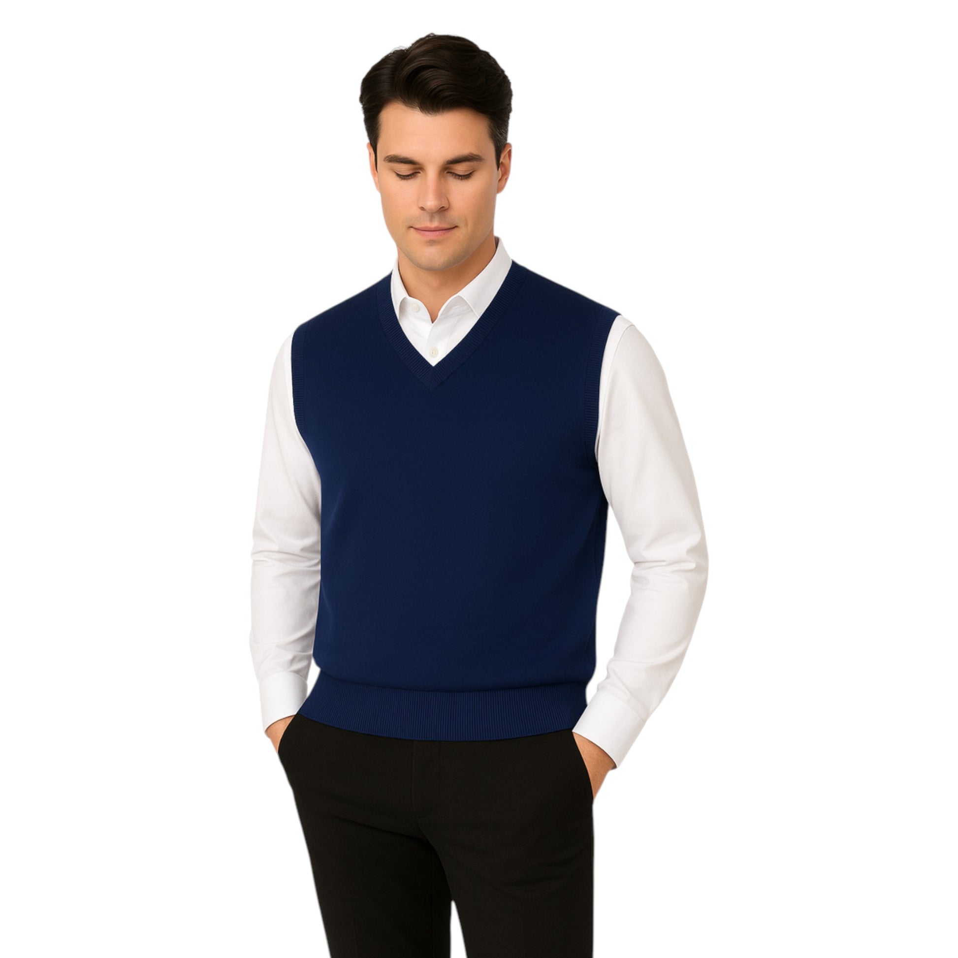 Men’s navy blue V-neck sleeveless jumper tank top – smart knit pullover