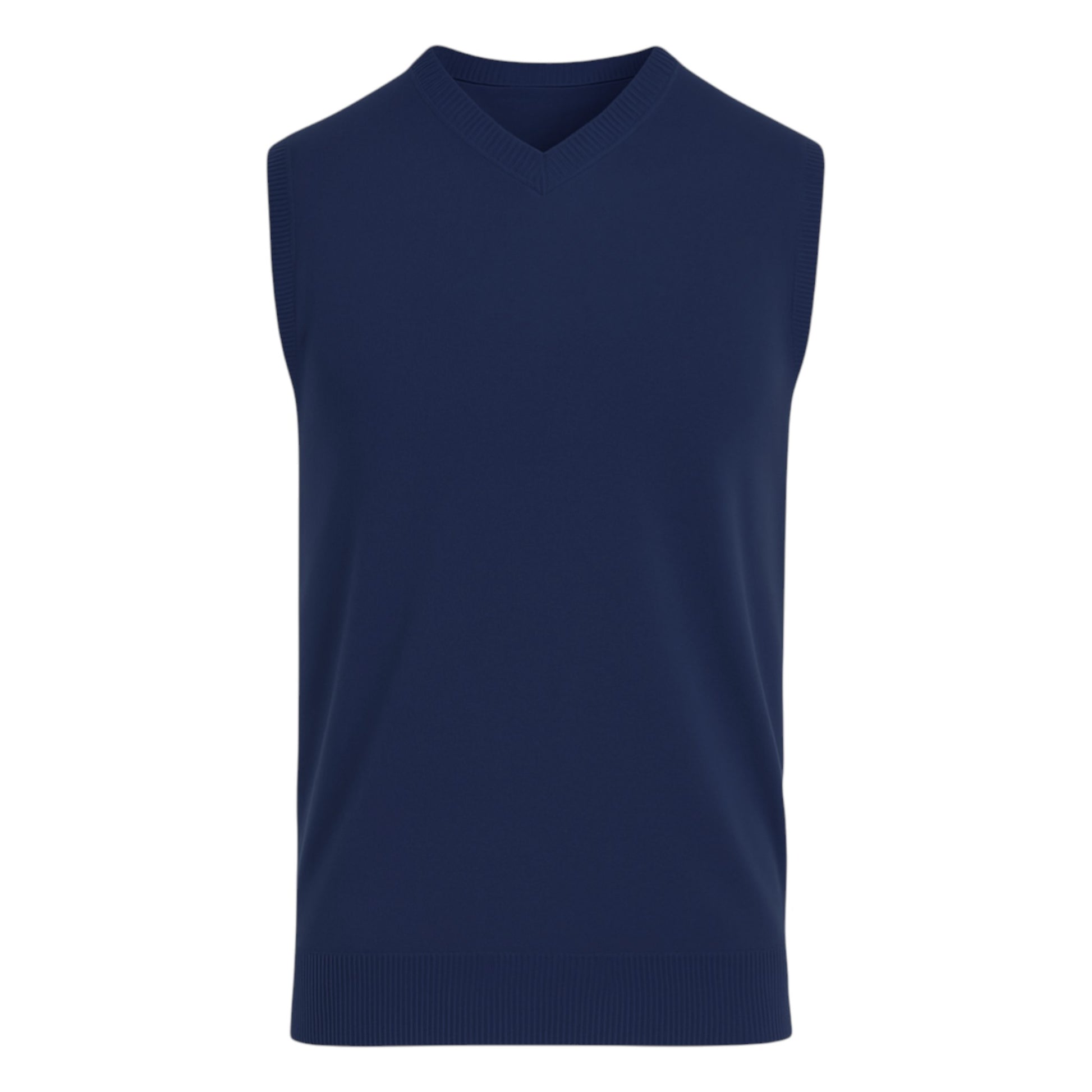 Men’s navy blue V-neck sleeveless jumper tank top – smart knit pullover