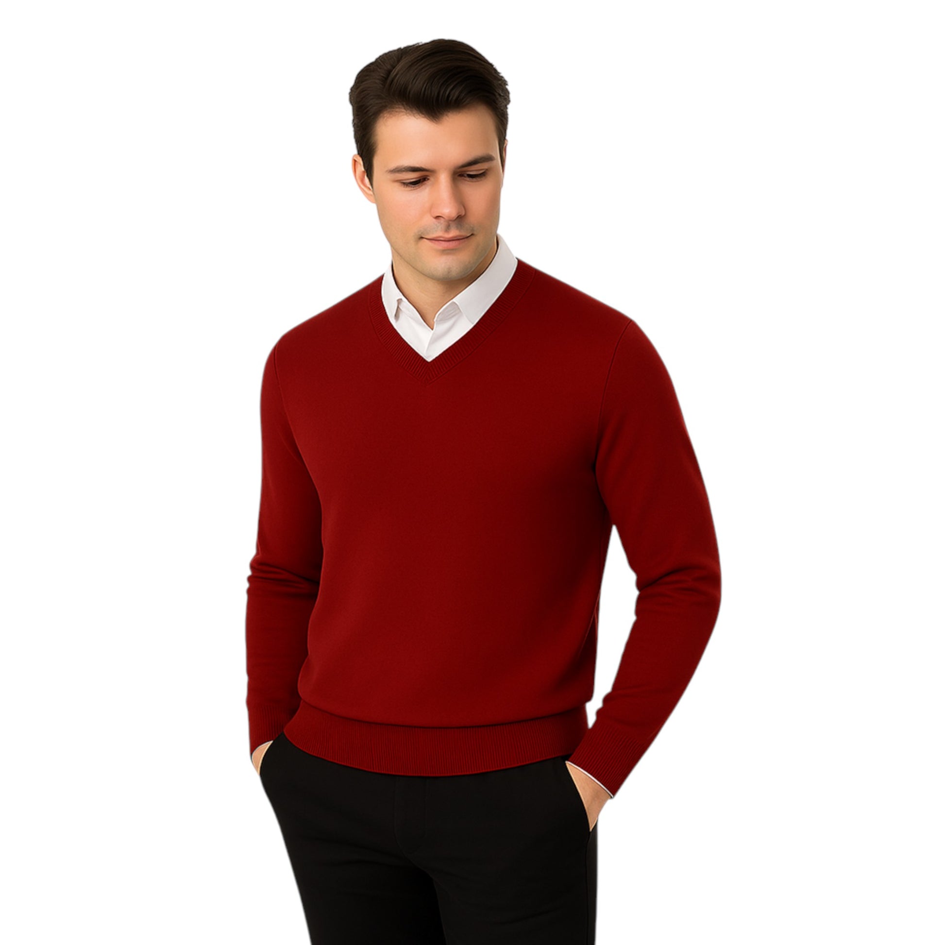Men’s classic burgundy v-neck jumper – soft knit pullover sweater with long sleeves