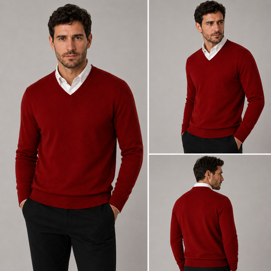 Men’s classic burgundy v-neck jumper – soft knit pullover sweater with long sleeves