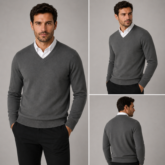 Men’s classic charcoal grey v-neck jumper – soft knit pullover sweater with long sleeves