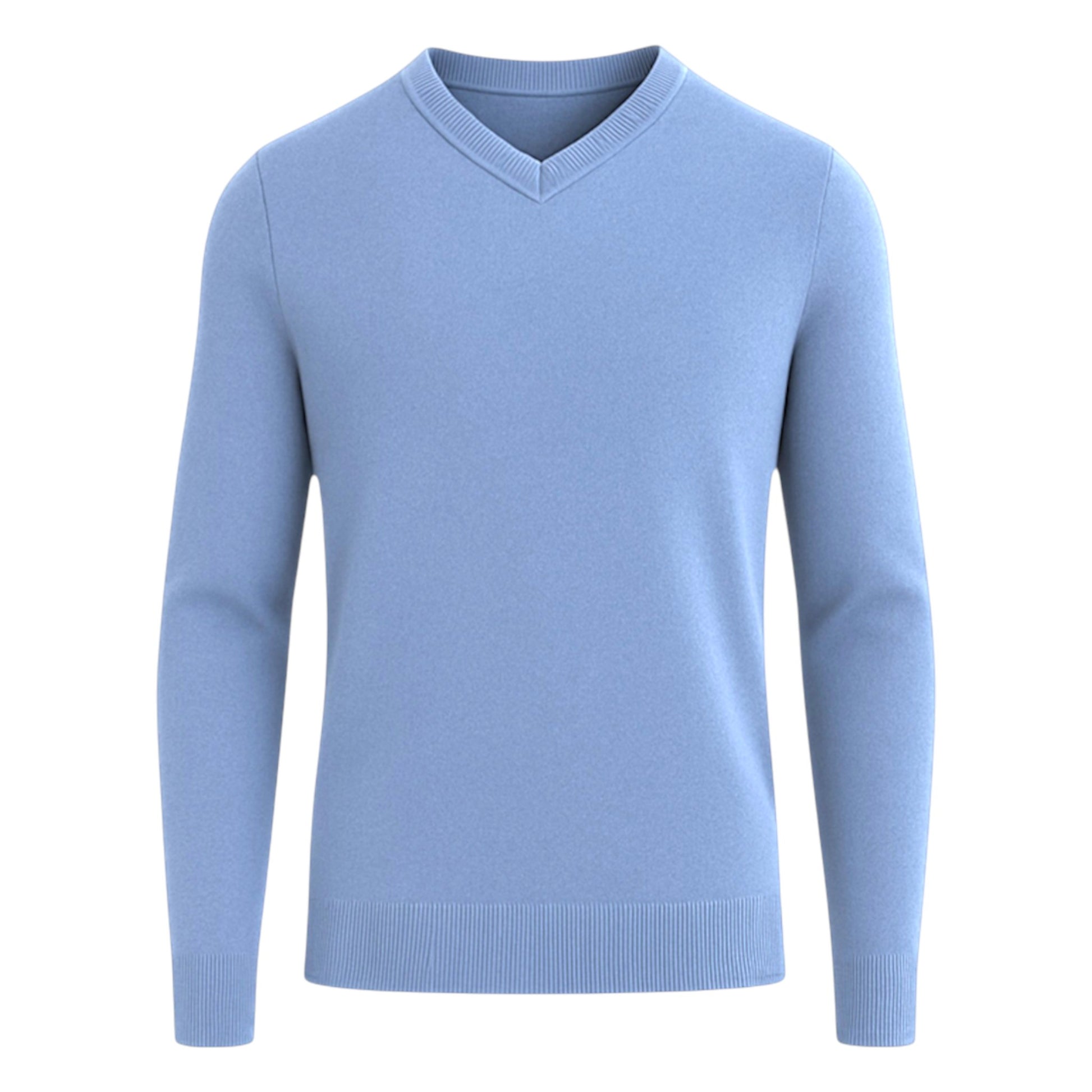 Men’s classic denim blue v-neck jumper – soft knit pullover sweater with long sleeves