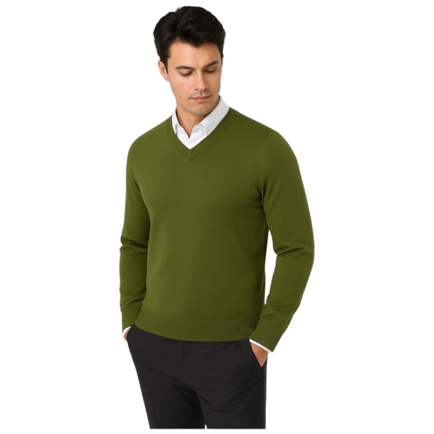 Men’s classic khaki green v-neck jumper – soft knit pullover sweater with long sleeves